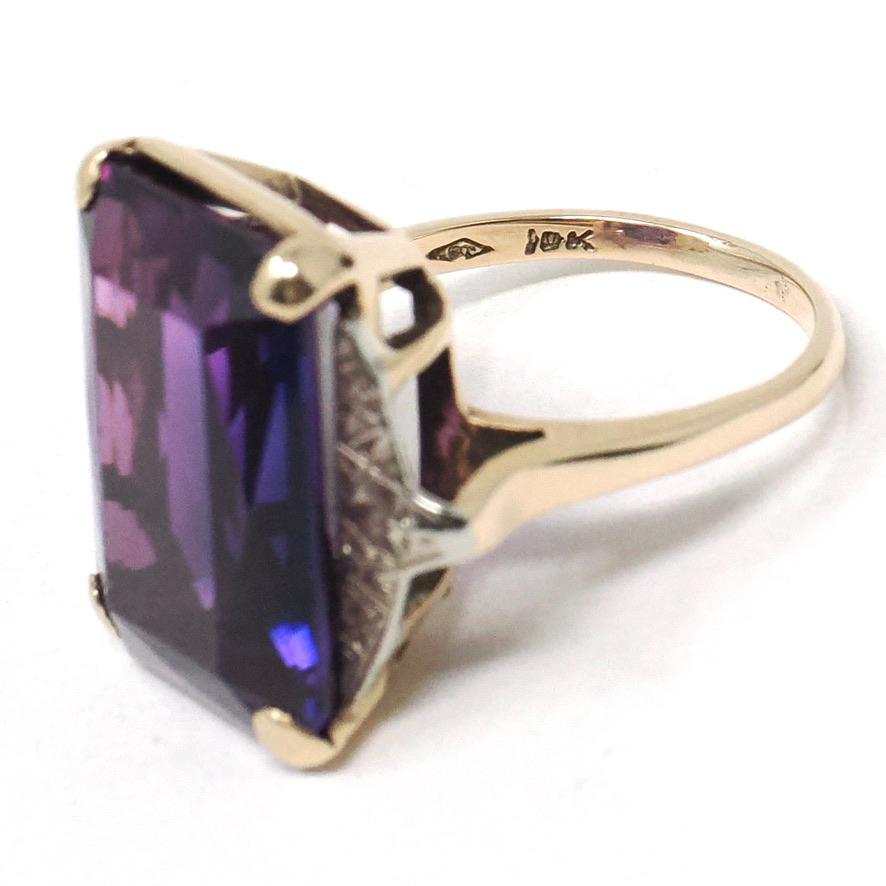 Created Color Change Sapphire Ring - Mid Century 10k Yellow & White Gold French Cut Purple Blue Gem - 1940s Era Size 6 1/4 Fine Jewelry