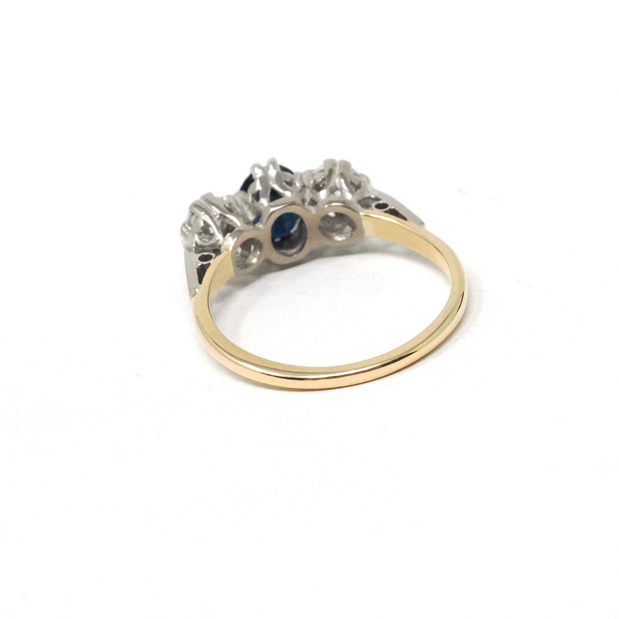 Vintage Sapphire & Diamond Ring - Mid Century 18k Yellow Gold Platinum Natural Three Stone - Circa 1950s Size 5 3/4 Fine Anniversary Jewelry