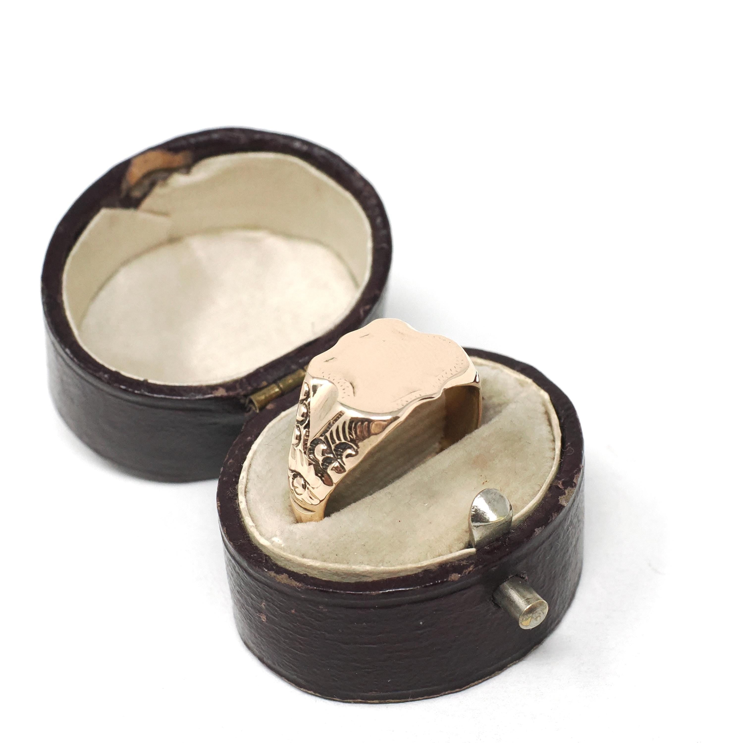 Edwardian Signet Ring - Antique 10k Rosy Yellow Gold Blank Shield Statement Unisex Band - Circa 1900s Era Size 5 1/2 Fine Floral Jewelry