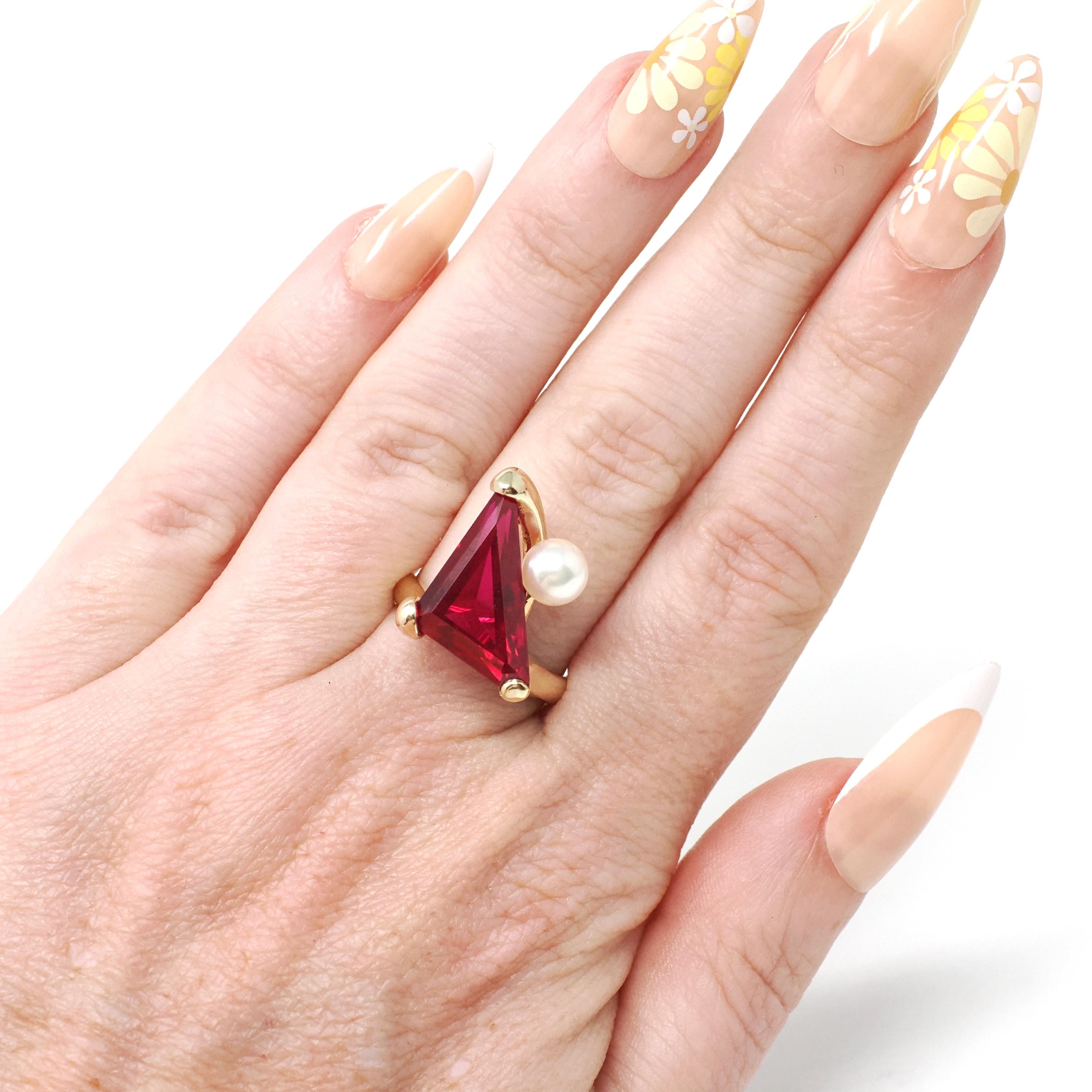 Created Ruby Ring - Retro Era 14k Yellow Gold Fancy Triangle Cut Gemstone - Vintage Circa 1970s Era Size 6 1/4 Pearl Accent Fine Jewelry