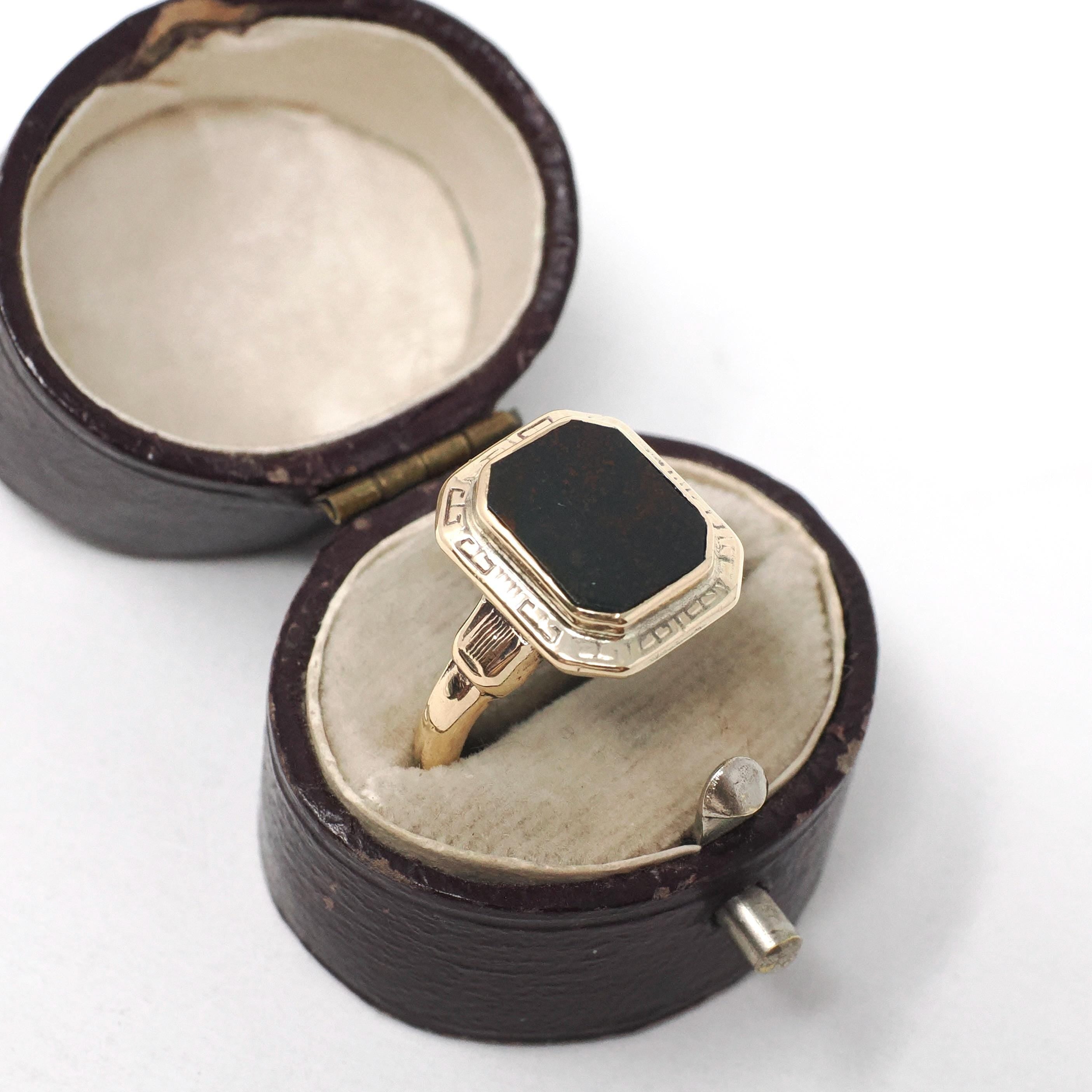 Vintage Bloodstone Ring - Art Deco 10k Yellow Gold Green & Oxblood Red Gemstone - Circa 1930s March Birthstone Size 6 Greek Key Fine Jewelry
