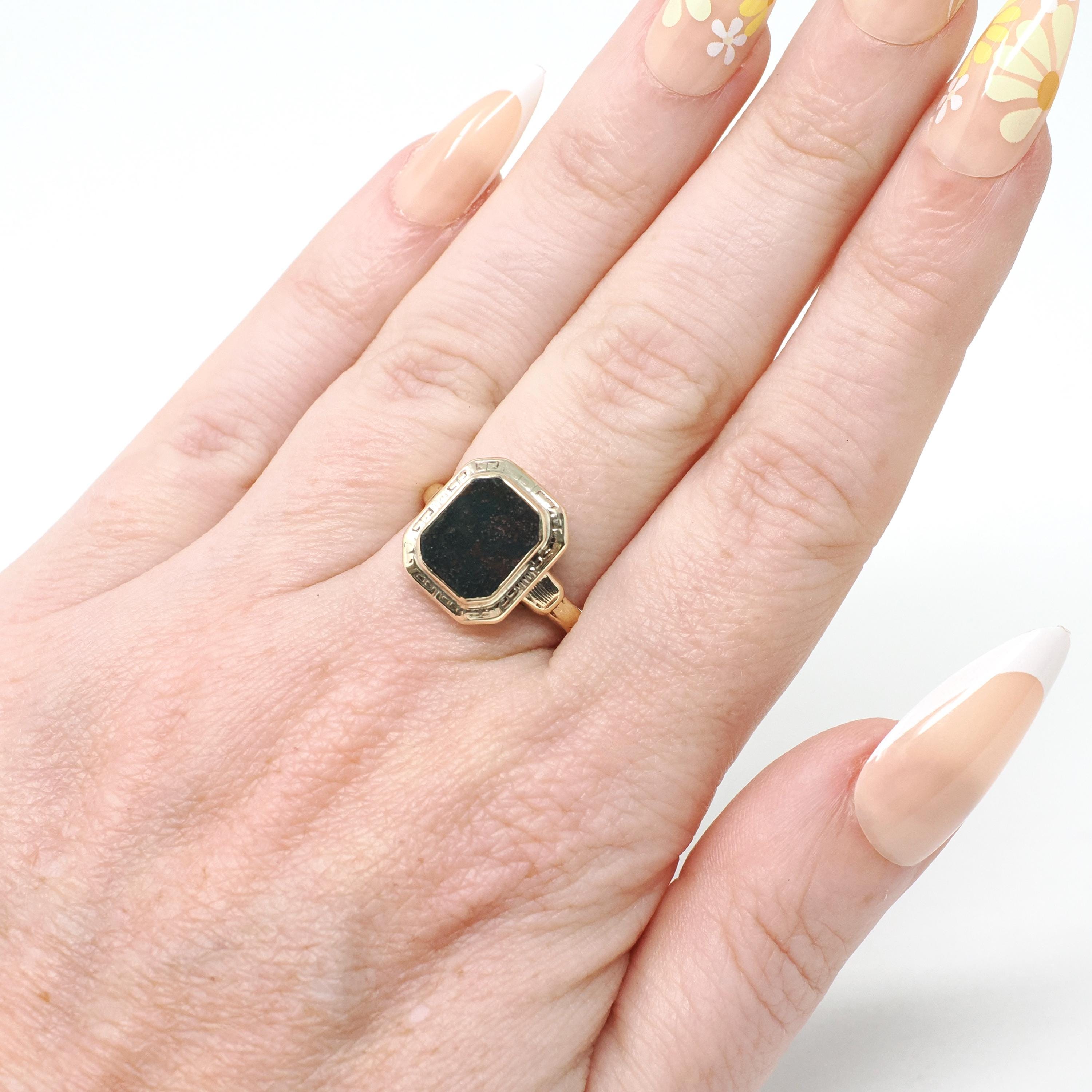 Vintage Bloodstone Ring - Art Deco 10k Yellow Gold Green & Oxblood Red Gemstone - Circa 1930s March Birthstone Size 6 Greek Key Fine Jewelry