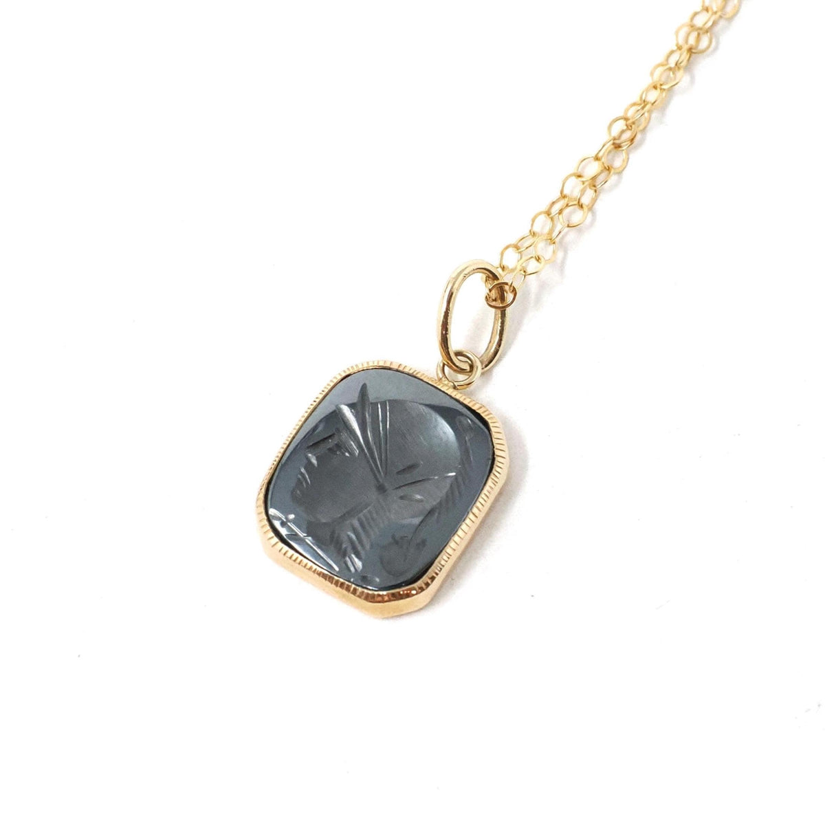 Intaglio Conversion Pendant - Modern 14k Yellow Gold Bezel Charm Carved Natural Hematite Gem Necklace - Circa 2000s Era Warrior Fob Jewelry