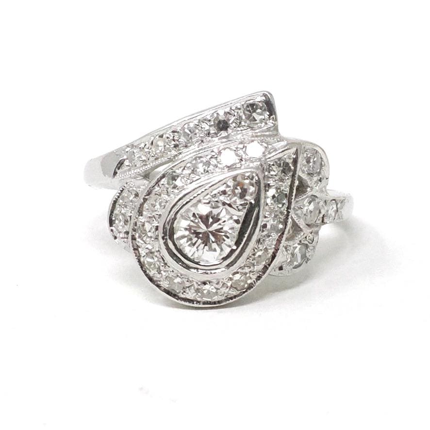 Diamond Cluster Ring - Retro Era 14k White Gold .77 CTW Pear Teardrop Cocktail Statement - Vintage 1960s Size 5 1/4 Bypass Fine Jewelry