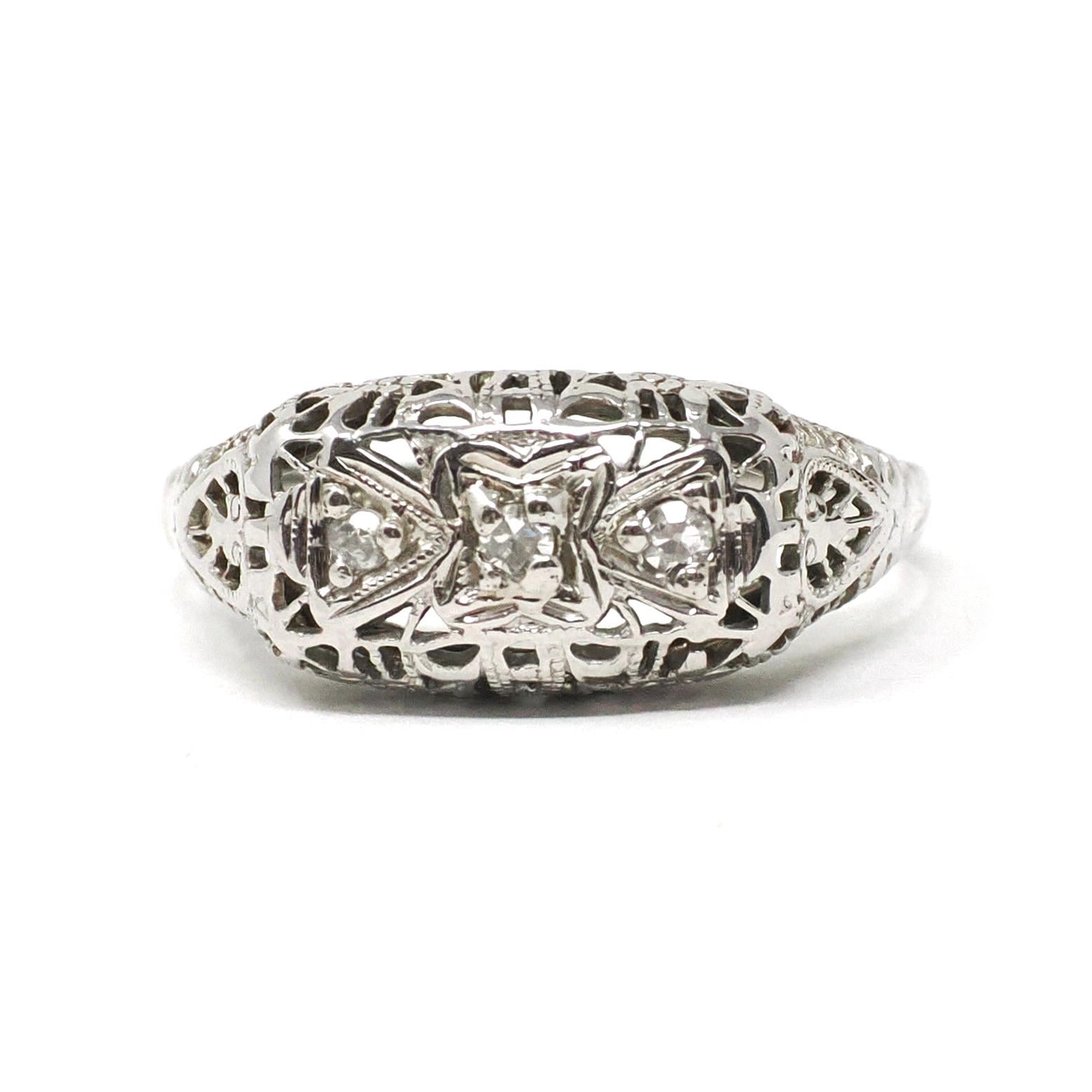 Art Deco Filigree Ring - Vintage 18k White Gold .07 CTW Natural Diamond Band - Circa 1930s Size 7 3/4 Bridal Fine Wedding Engagement Jewelry
