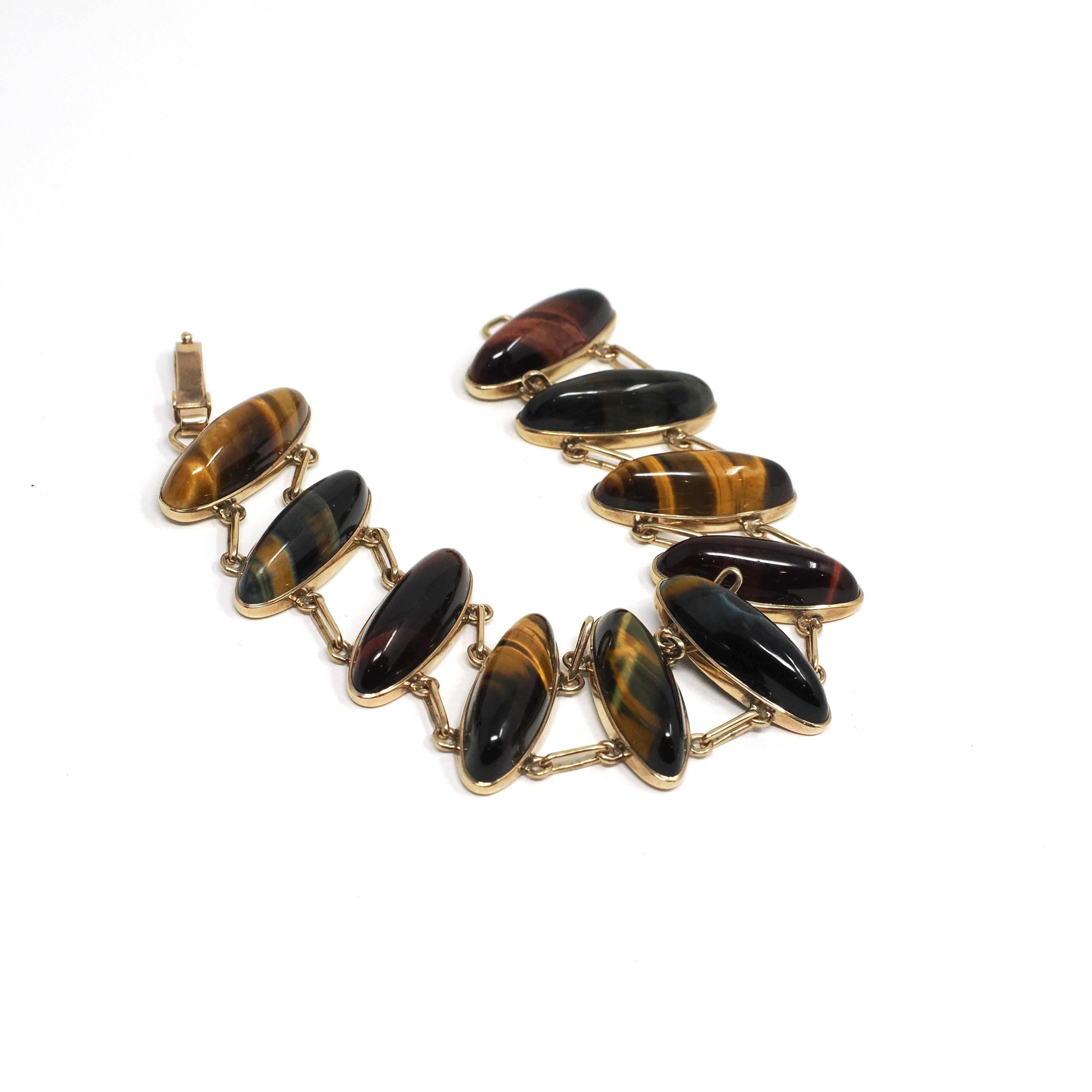 Vintage Tiger's & Hawk's Eye Bracelet - Retro 10k Yellow Gold Handmade Natural Gemstones - Circa 1970s Double Linked Brown Gem Fine Jewelry
