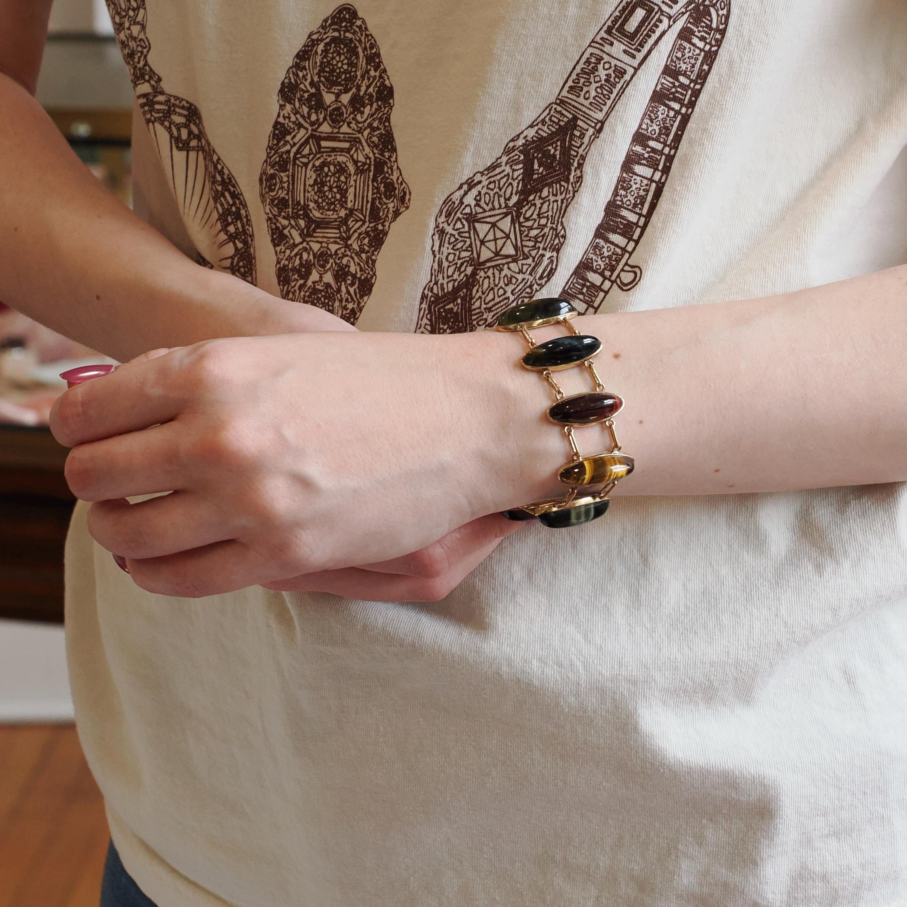Vintage Tiger's & Hawk's Eye Bracelet - Retro 10k Yellow Gold Handmade Natural Gemstones - Circa 1970s Double Linked Brown Gem Fine Jewelry