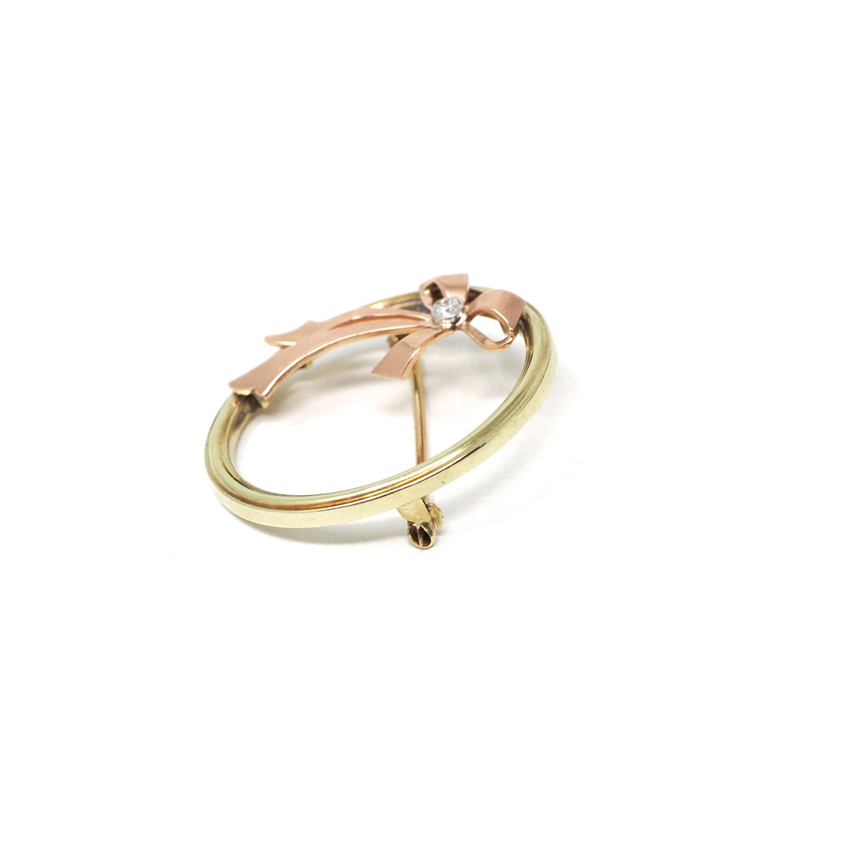Retro Bow Brooch - Estate 14k Yellow & Rose Gold Diamond Gemstone Pin Statement - Circa 1980s Era Figural Ribbon Fine Fashion Accessory