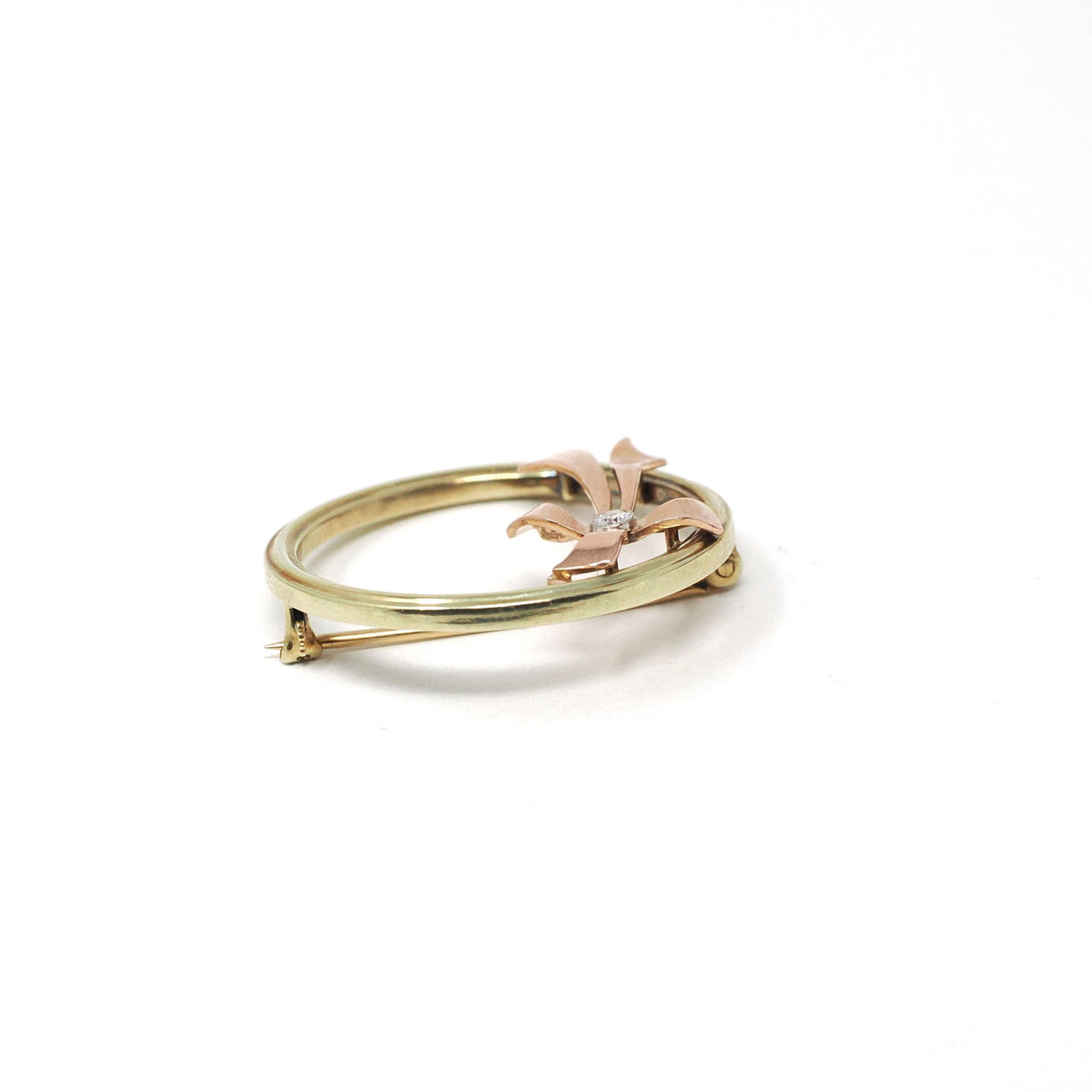 Retro Bow Brooch - Estate 14k Yellow & Rose Gold Diamond Gemstone Pin Statement - Circa 1980s Era Figural Ribbon Fine Fashion Accessory