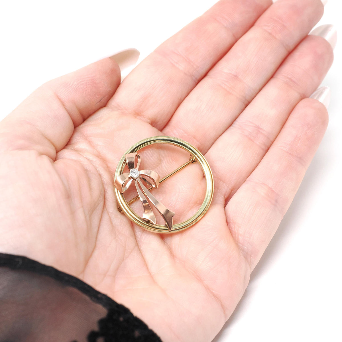 Retro Bow Brooch - Estate 14k Yellow & Rose Gold Diamond Gemstone Pin Statement - Circa 1980s Era Figural Ribbon Fine Fashion Accessory
