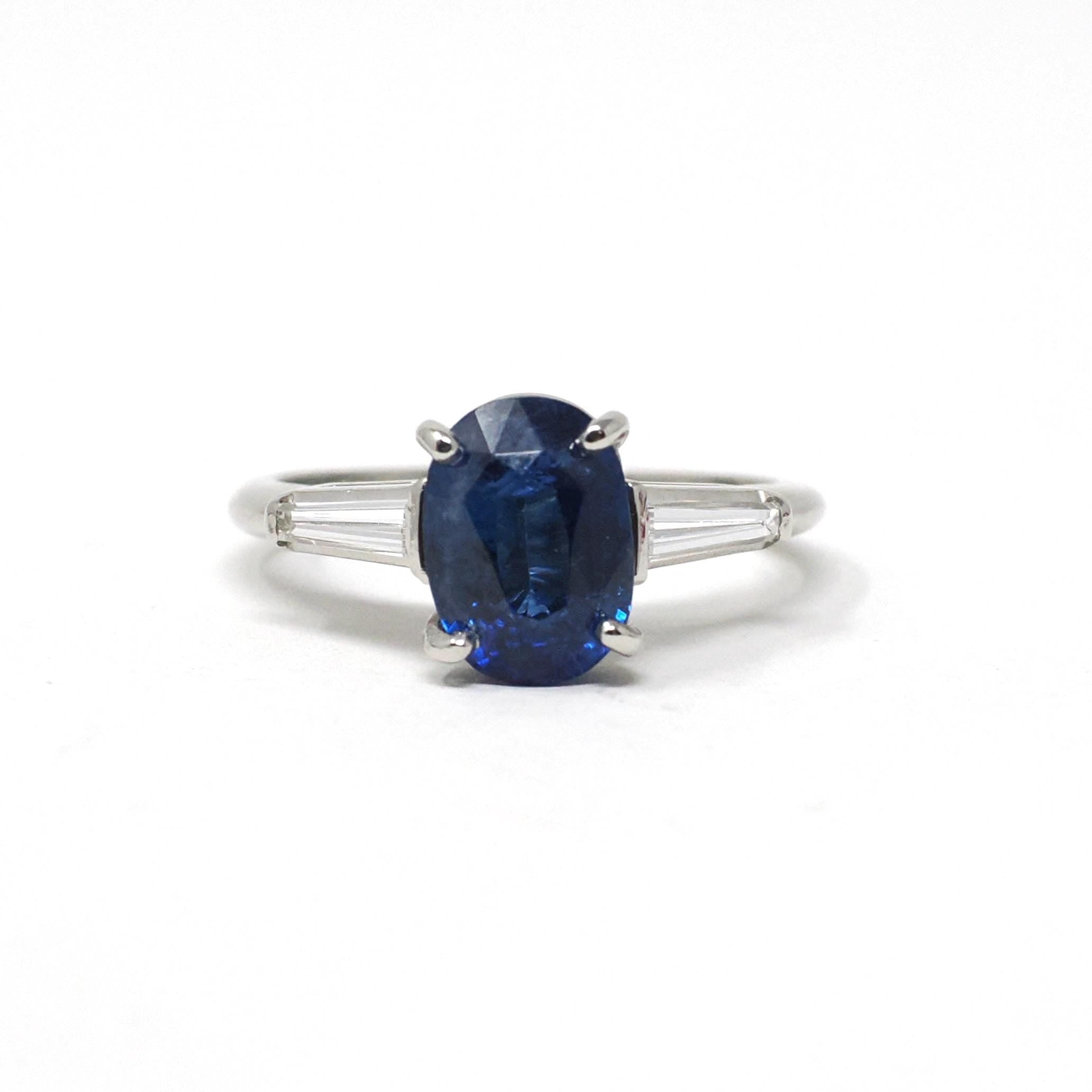 Sapphire & Diamond Ring - Estate Platinum Natural Blue Oval Gemstone And Baguette Diamond Engagement - Modern Era 2000s Era Fine Jewelry