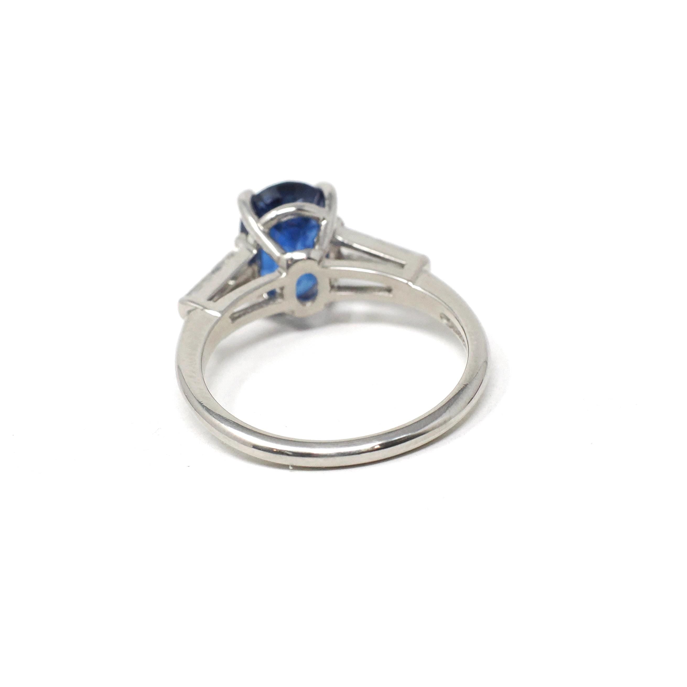 Sapphire & Diamond Ring - Estate Platinum Natural Blue Oval Gemstone And Baguette Diamond Engagement - Modern Era 2000s Era Fine Jewelry