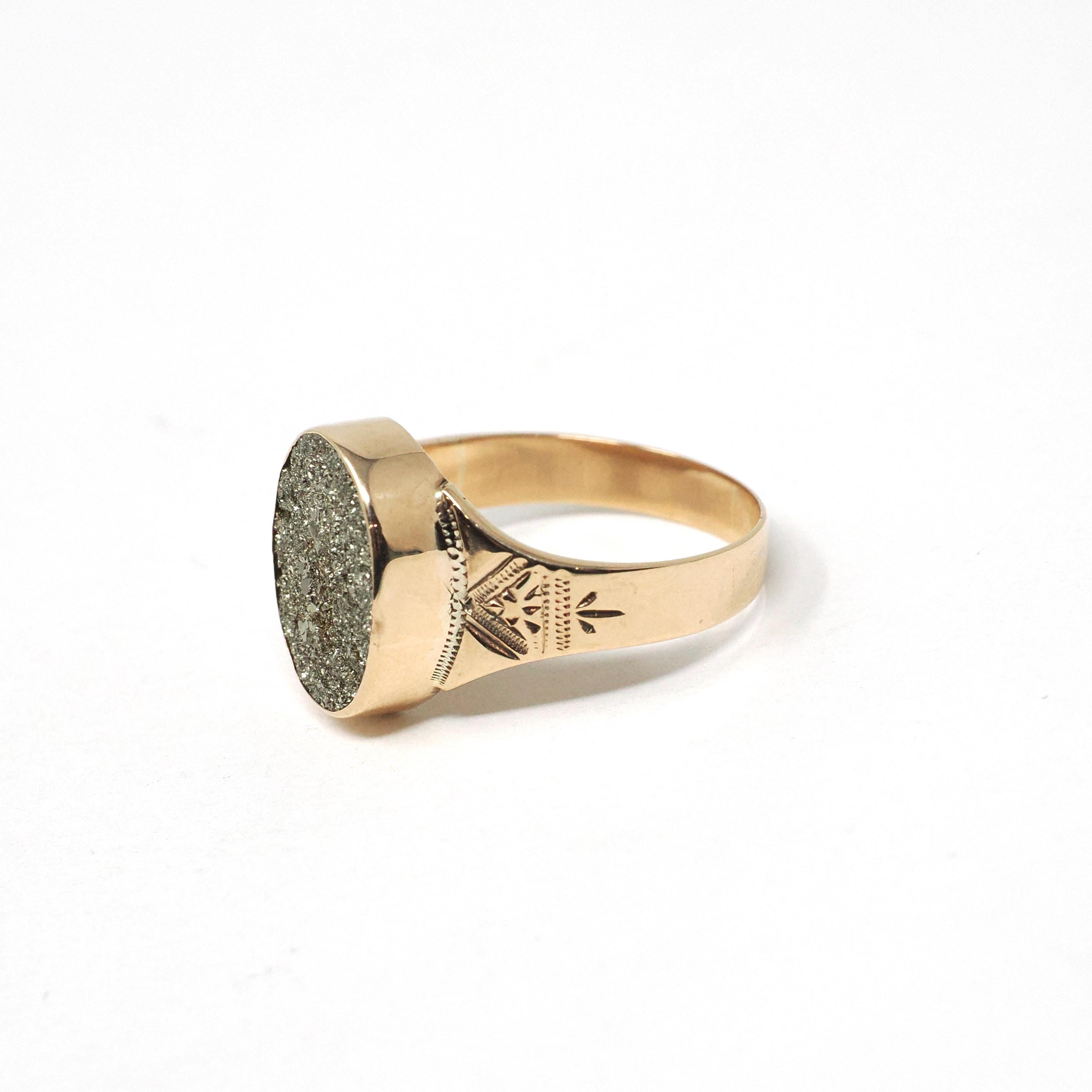 Antique Pyrite Ring - Victorian 10k Rosy Yellow Gold Druzy Crystal Bezel Solitaire - Circa 1890s Era Size 6 Metallic Sparkly Fine Jewelry