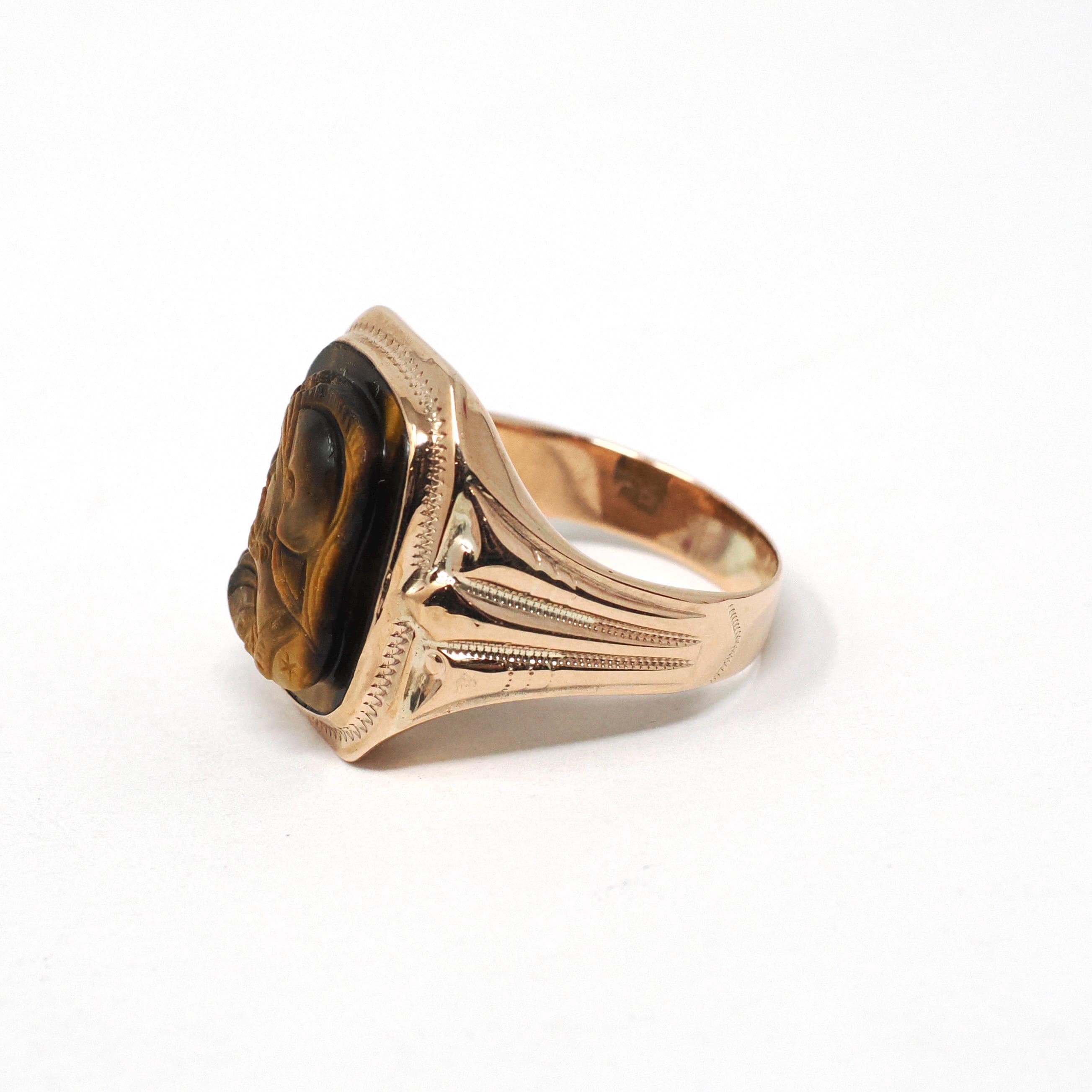 Tiger's Eye Ring - Mid Century 10k Yellow Gold Natural Carved Warrior Brown Gemstone - Vintage Circa 1940s Size 8 Statement Fine OB Jewelry