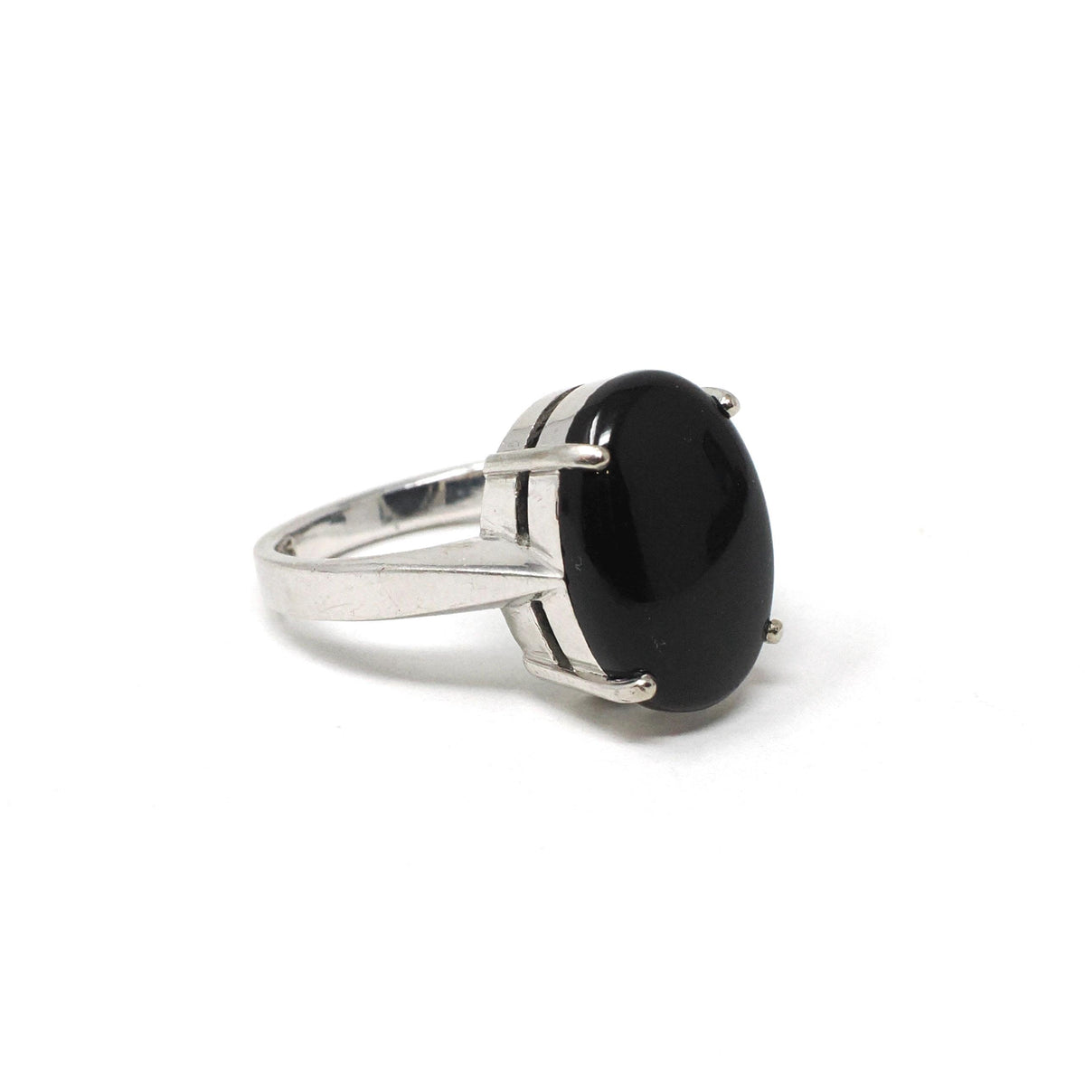 Modern Onyx Ring - Estate 14k White Gold Oval Cabochon Cut Black Chalcedony Gem - Modern Circa 2000's Era Size 4 3/4 Statement Fine Jewelry