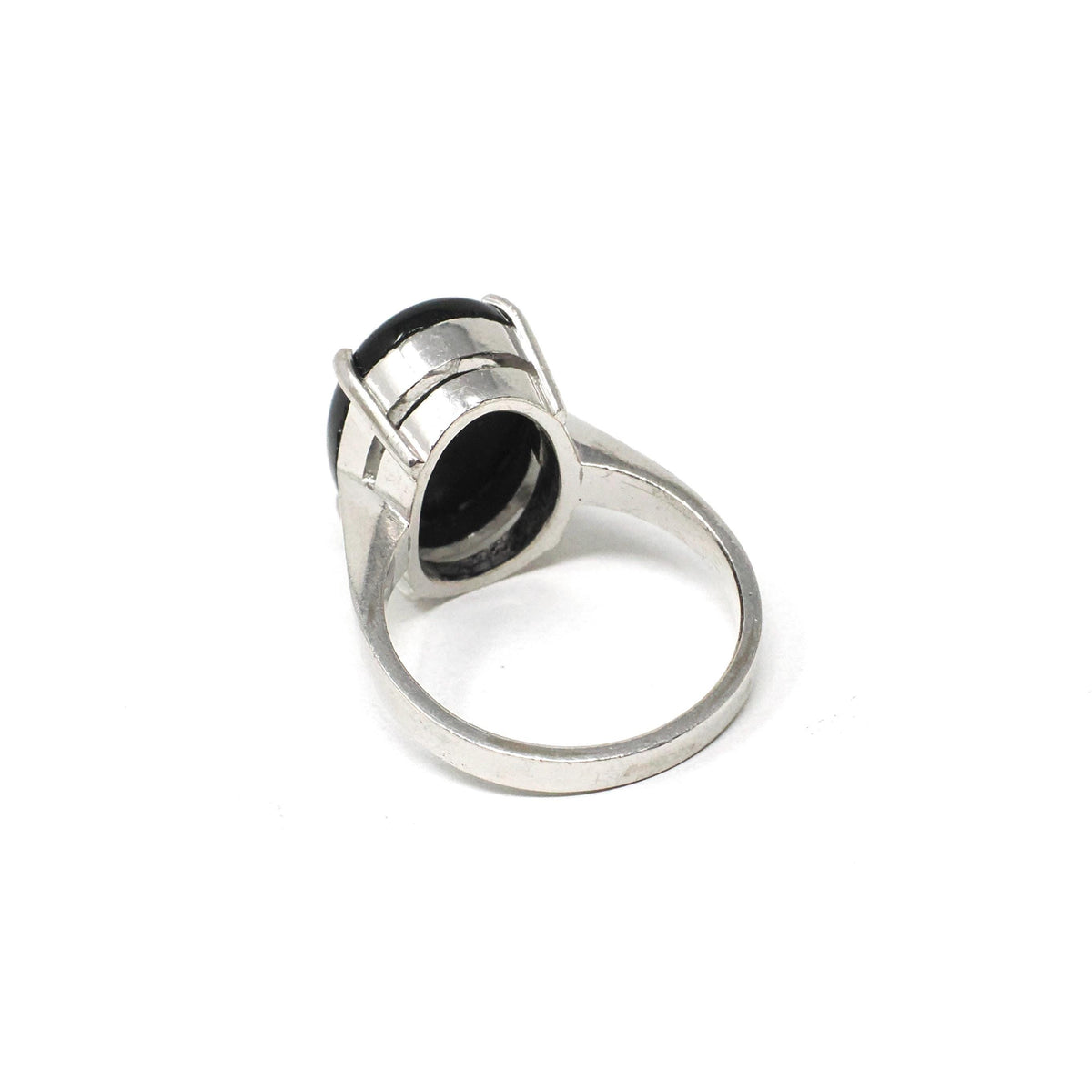 Modern Onyx Ring - Estate 14k White Gold Oval Cabochon Cut Black Chalcedony Gem - Modern Circa 2000's Era Size 4 3/4 Statement Fine Jewelry