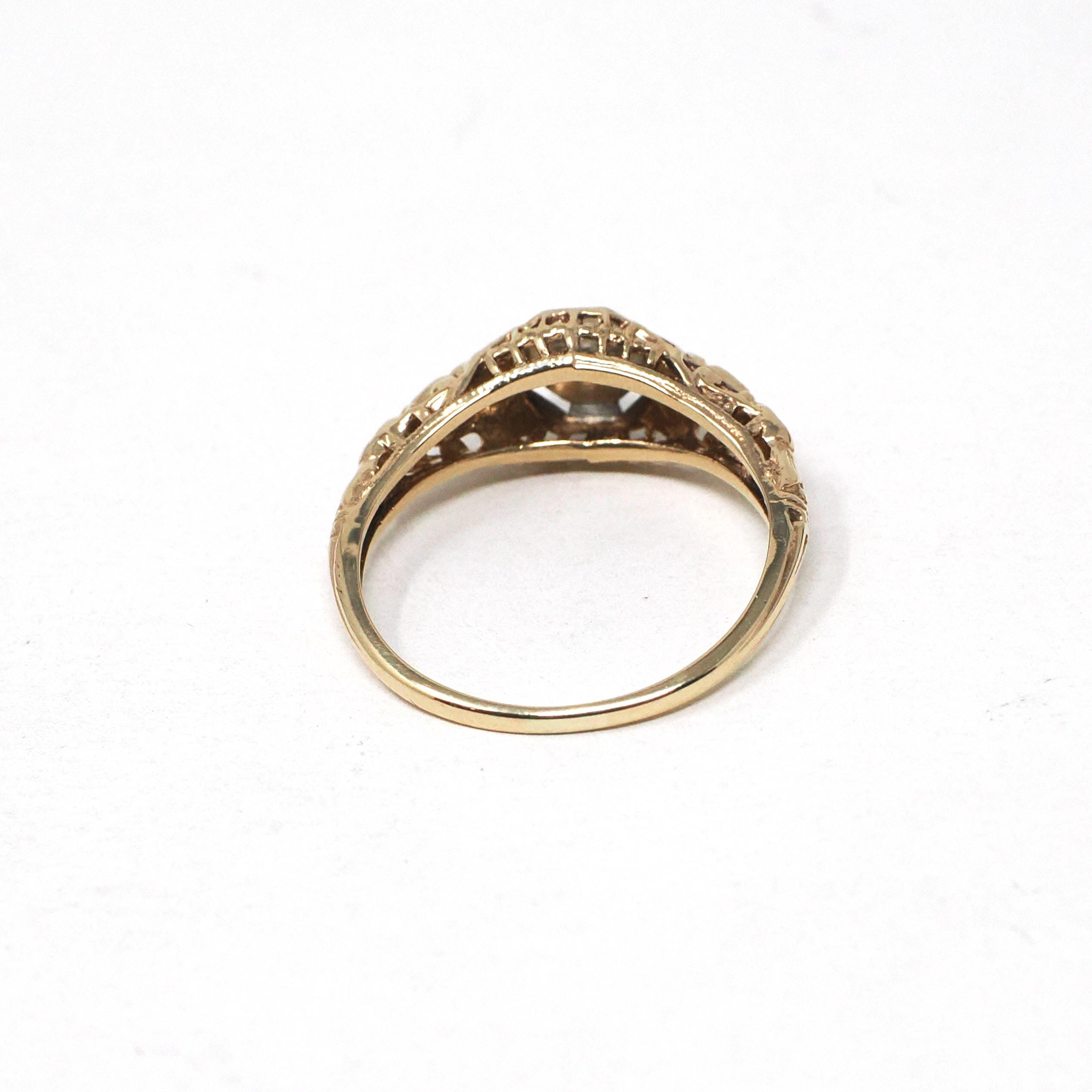 Art Deco Diamond Ring - Vintage 10k Yellow & White Gold Two Tone Filigree Natural .01 CT Engagement - Circa 1930s Era Size 4.75 Fine Jewelry