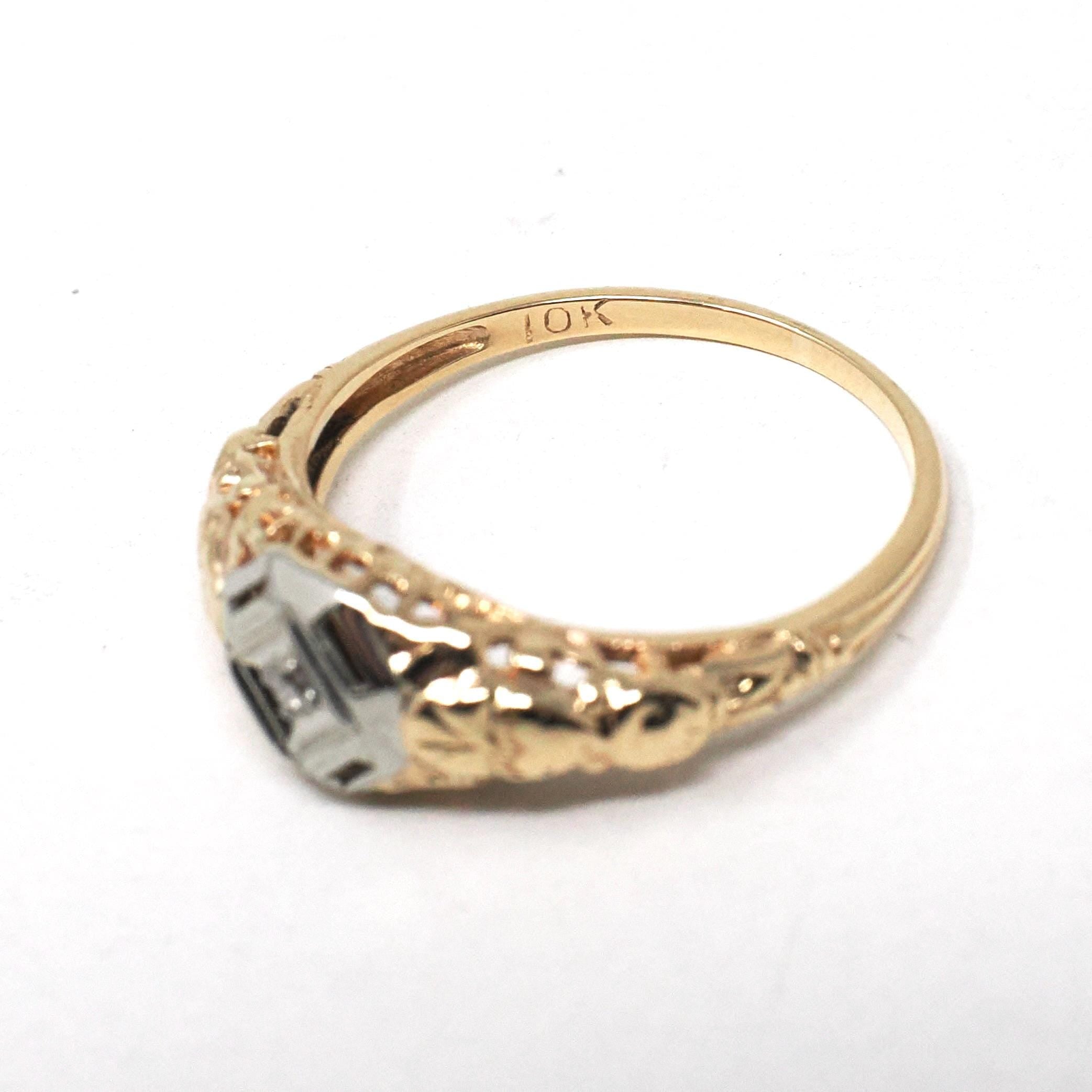Art Deco Diamond Ring - Vintage 10k Yellow & White Gold Two Tone Filigree Natural .01 CT Engagement - Circa 1930s Era Size 4.75 Fine Jewelry