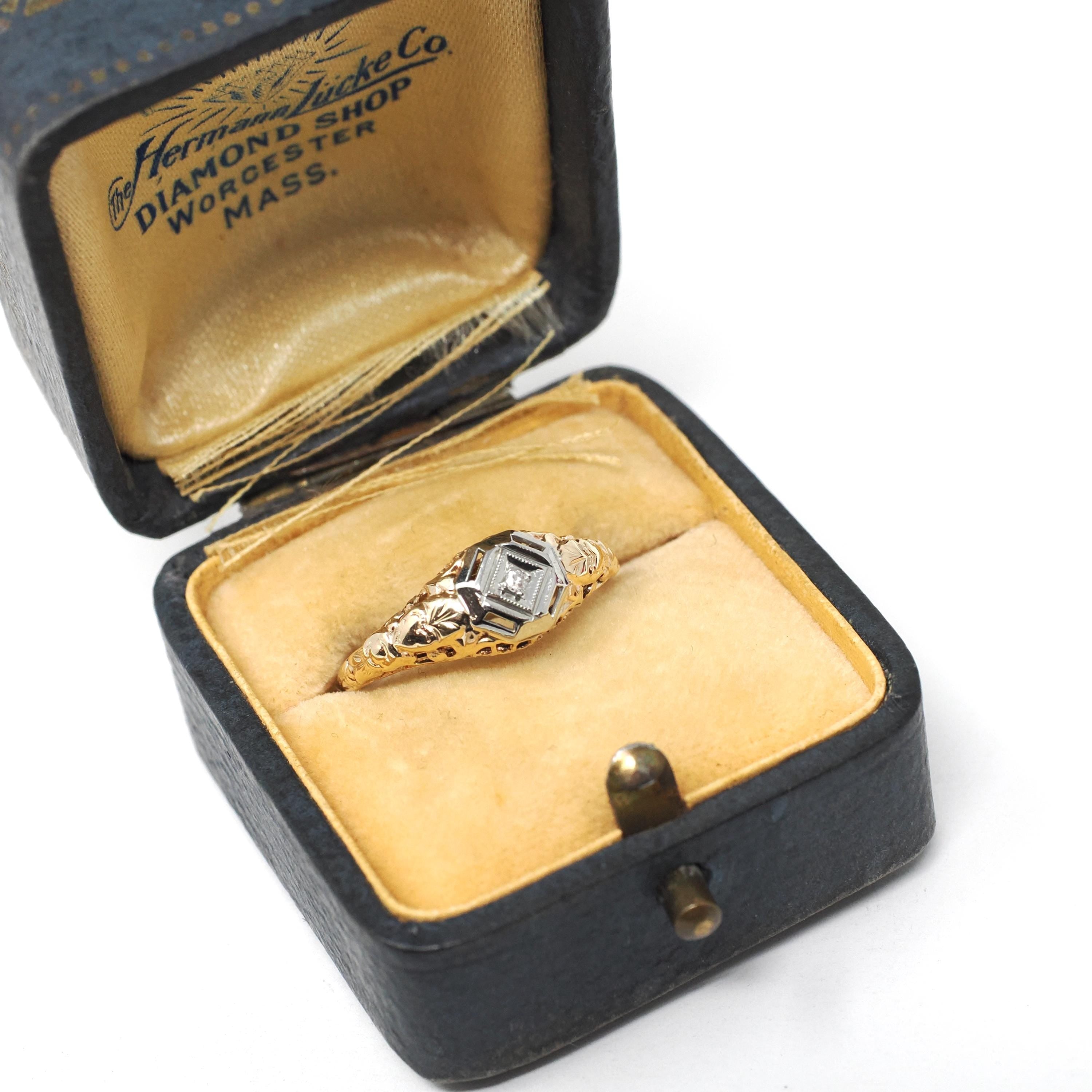 Art Deco Diamond Ring - Vintage 10k Yellow & White Gold Two Tone Filigree Natural .01 CT Engagement - Circa 1930s Era Size 4.75 Fine Jewelry