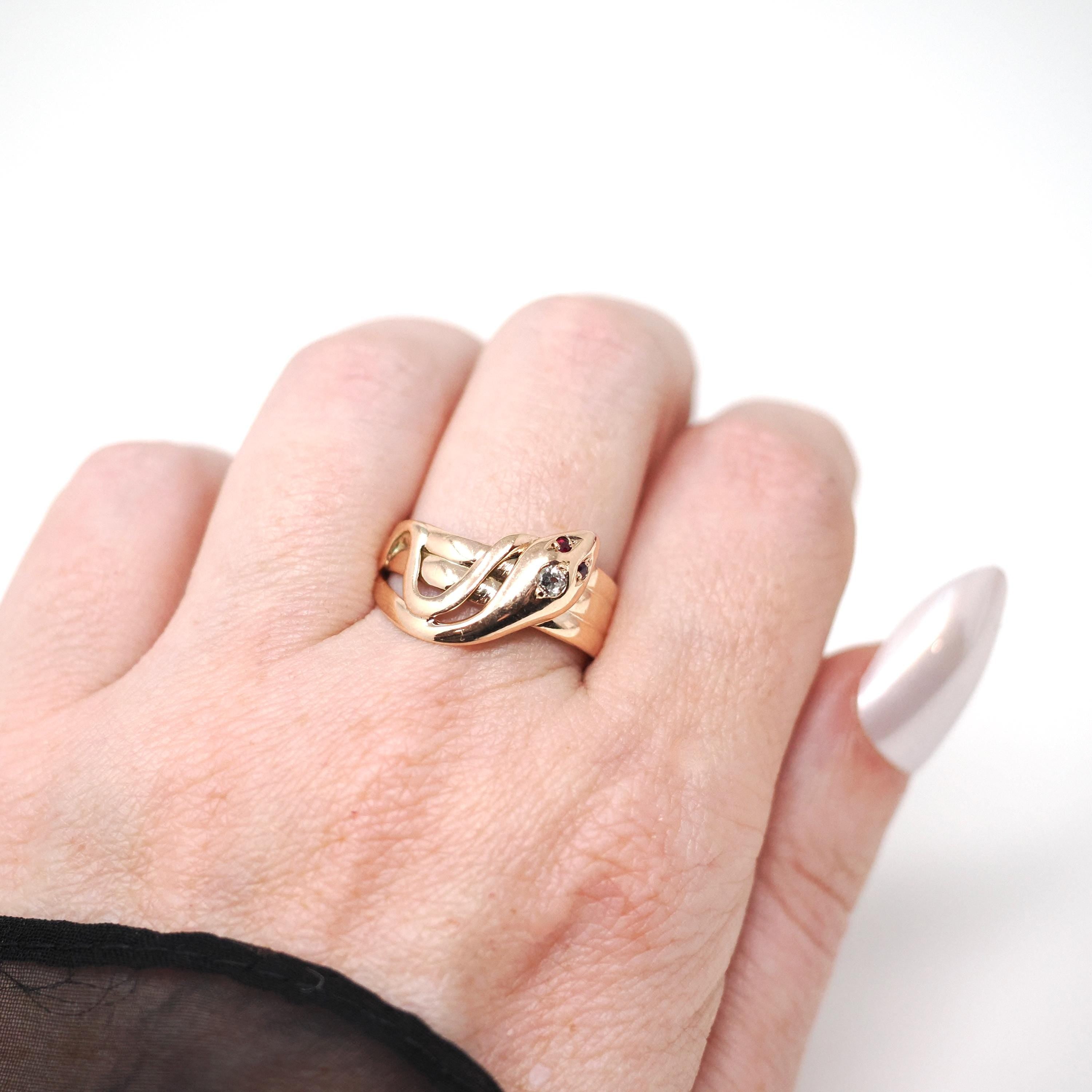 Antique Snake Ring - Victorian 10k Rose Gold Rubies & Diamond Gemstone Band - Vintage Circa 1890s Era Size 8 3/4 Coiled Serpent Fine Jewelry