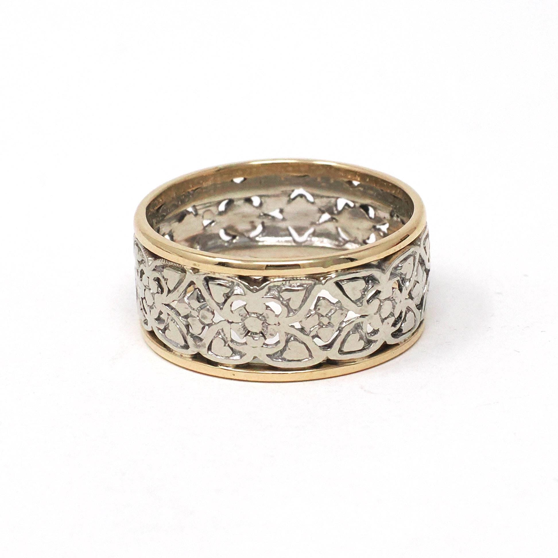 Vintage Pierced Cigar Band - Mid Century Era 14k Yellow & White Gold Open Metal Wide Wedding Ring - 1950s Size 9 1/2 Two Tone Unisex Jewelry