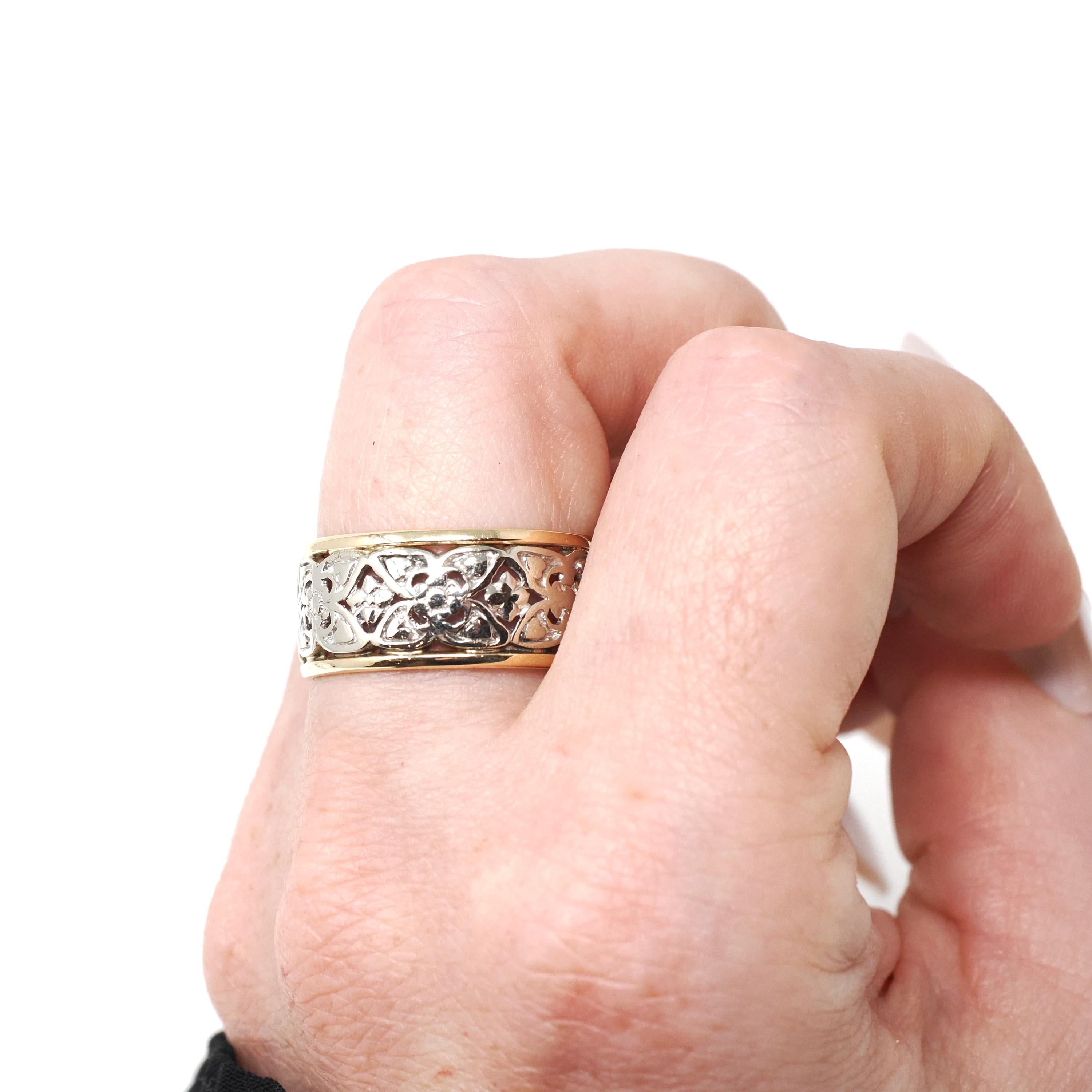 Vintage Pierced Cigar Band - Mid Century Era 14k Yellow & White Gold Open Metal Wide Wedding Ring - 1950s Size 9 1/2 Two Tone Unisex Jewelry