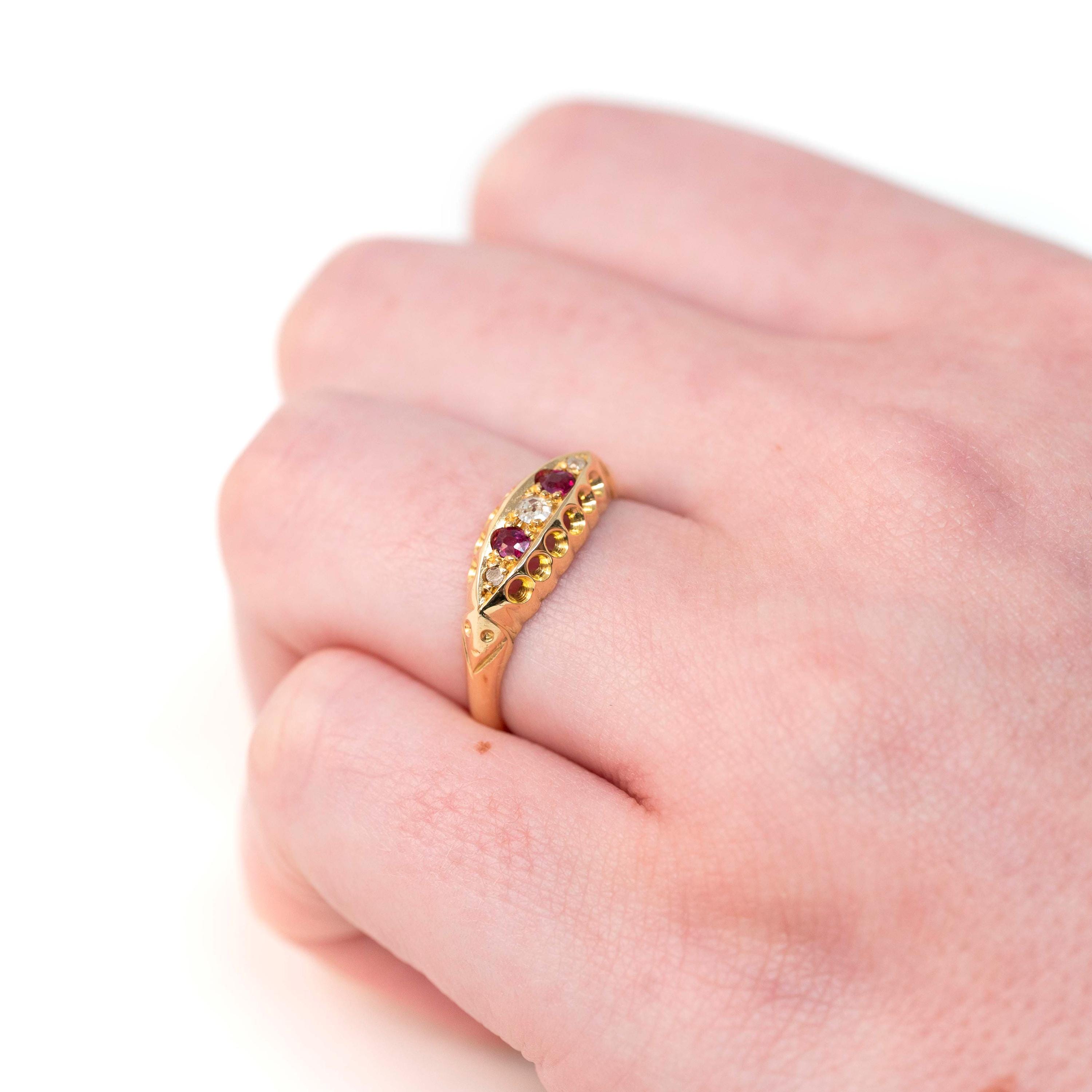 Antique Ruby & Diamond Ring - Edwardian 18k Yellow Gold Natural Red Gemstone Anniversary Band - Hallmarked 1919 Size 6 Fine English Jewelry