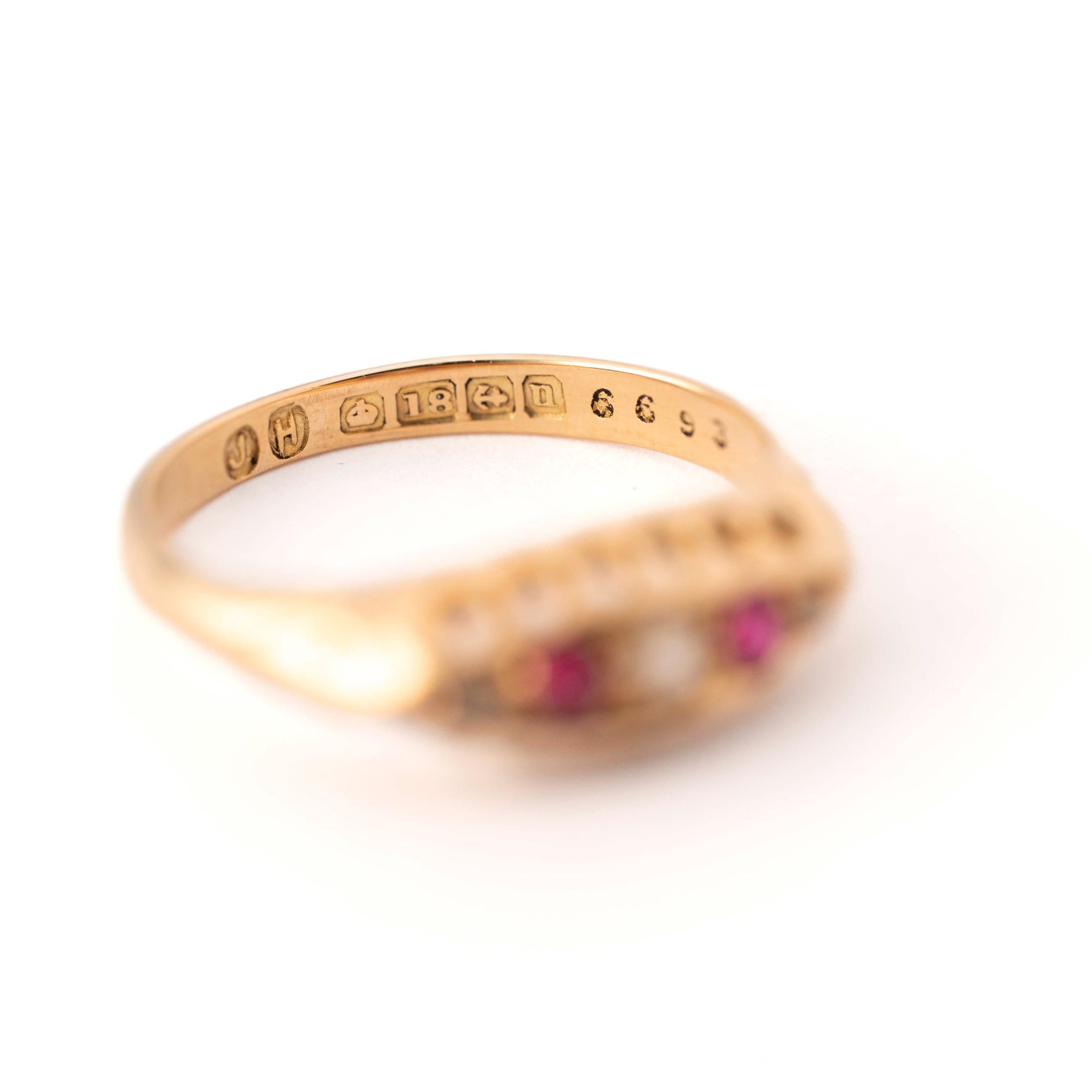Antique Ruby & Diamond Ring - Edwardian 18k Yellow Gold Natural Red Gemstone Anniversary Band - Hallmarked 1919 Size 6 Fine English Jewelry