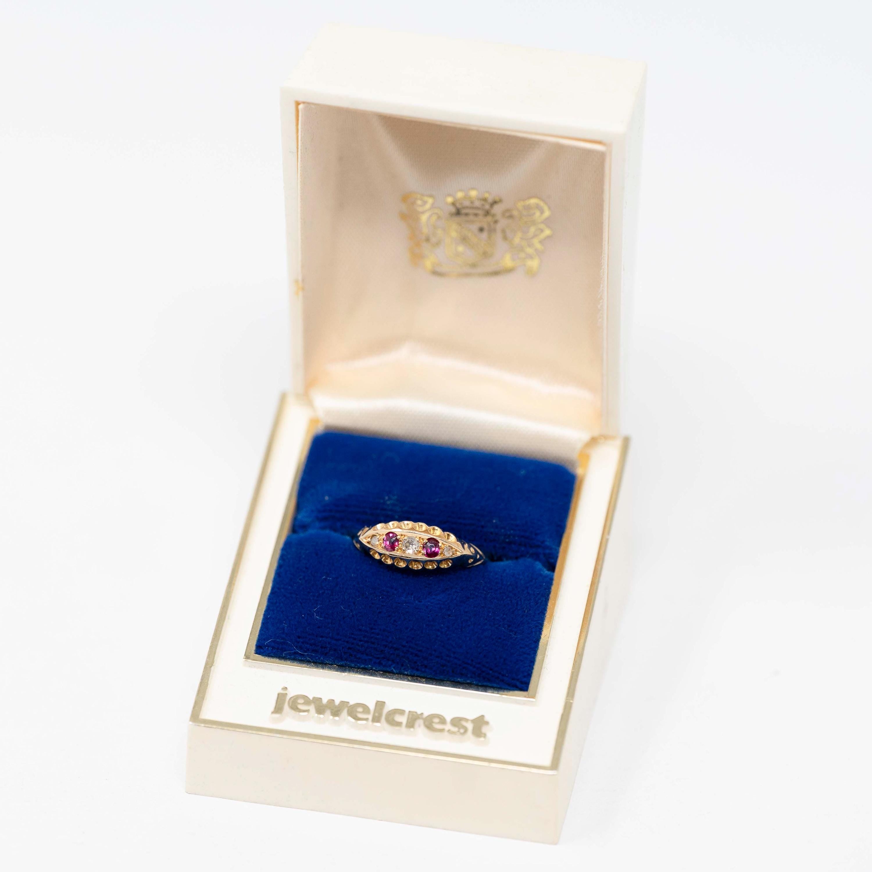 Antique Ruby & Diamond Ring - Edwardian 18k Yellow Gold Natural Red Gemstone Anniversary Band - Hallmarked 1919 Size 6 Fine English Jewelry