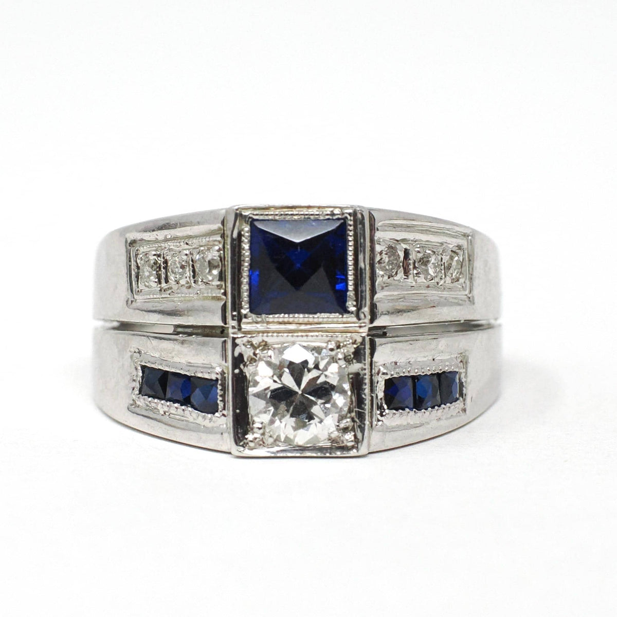 Mid Century Ring - Vintage 18k White Gold Diamond & Created Sapphire Toi Et Moi Style - Circa 1950s Size 8 3/4 Unisex Fine Statement Jewelry