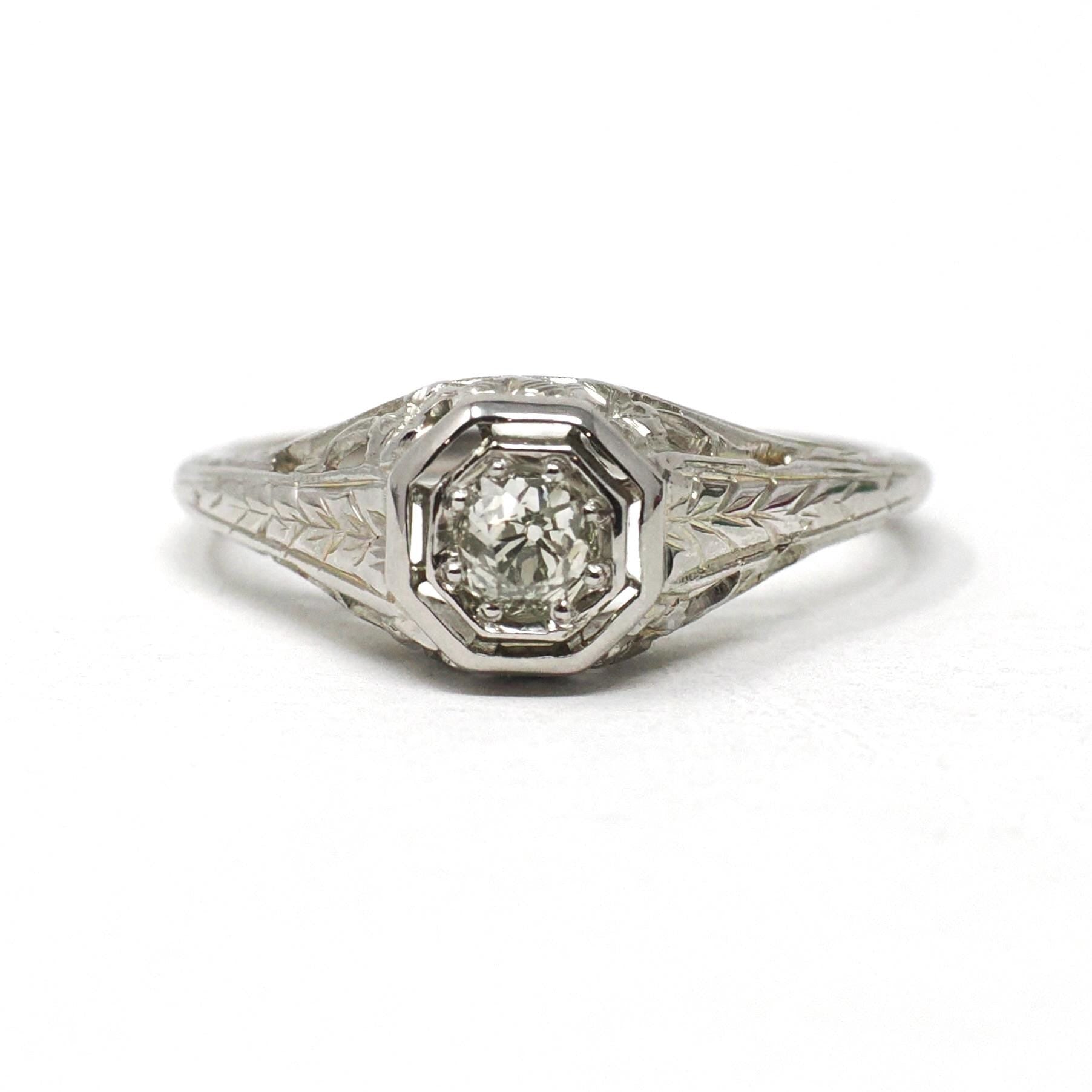 Vintage Diamond Ring - Art Deco 18k White Gold Natural .22 CT Solitaire Engagement - Circa 1930s Size 4 3/4 Octagonal Filigree Fine Jewelry
