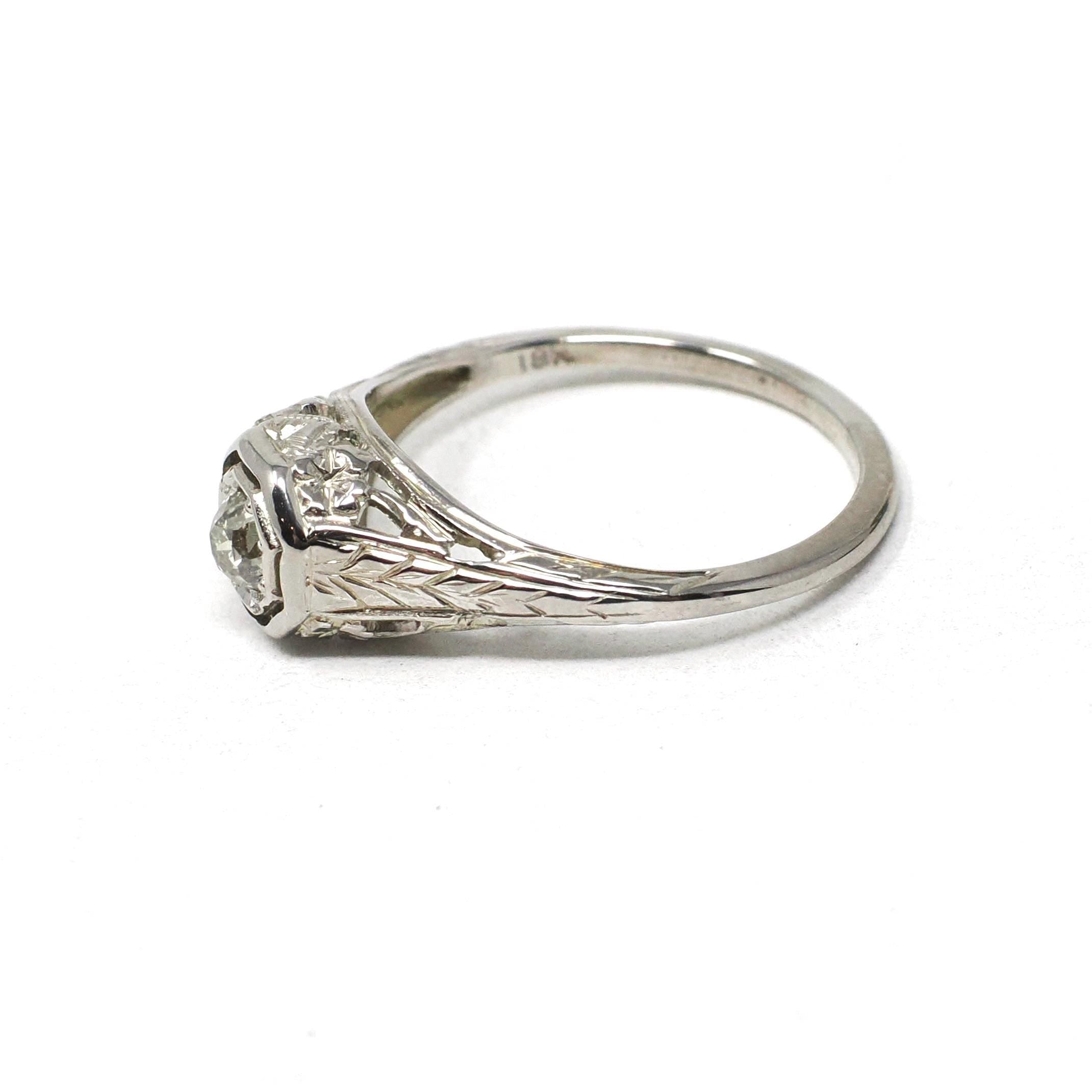 Vintage Diamond Ring - Art Deco 18k White Gold Natural .22 CT Solitaire Engagement - Circa 1930s Size 4 3/4 Octagonal Filigree Fine Jewelry