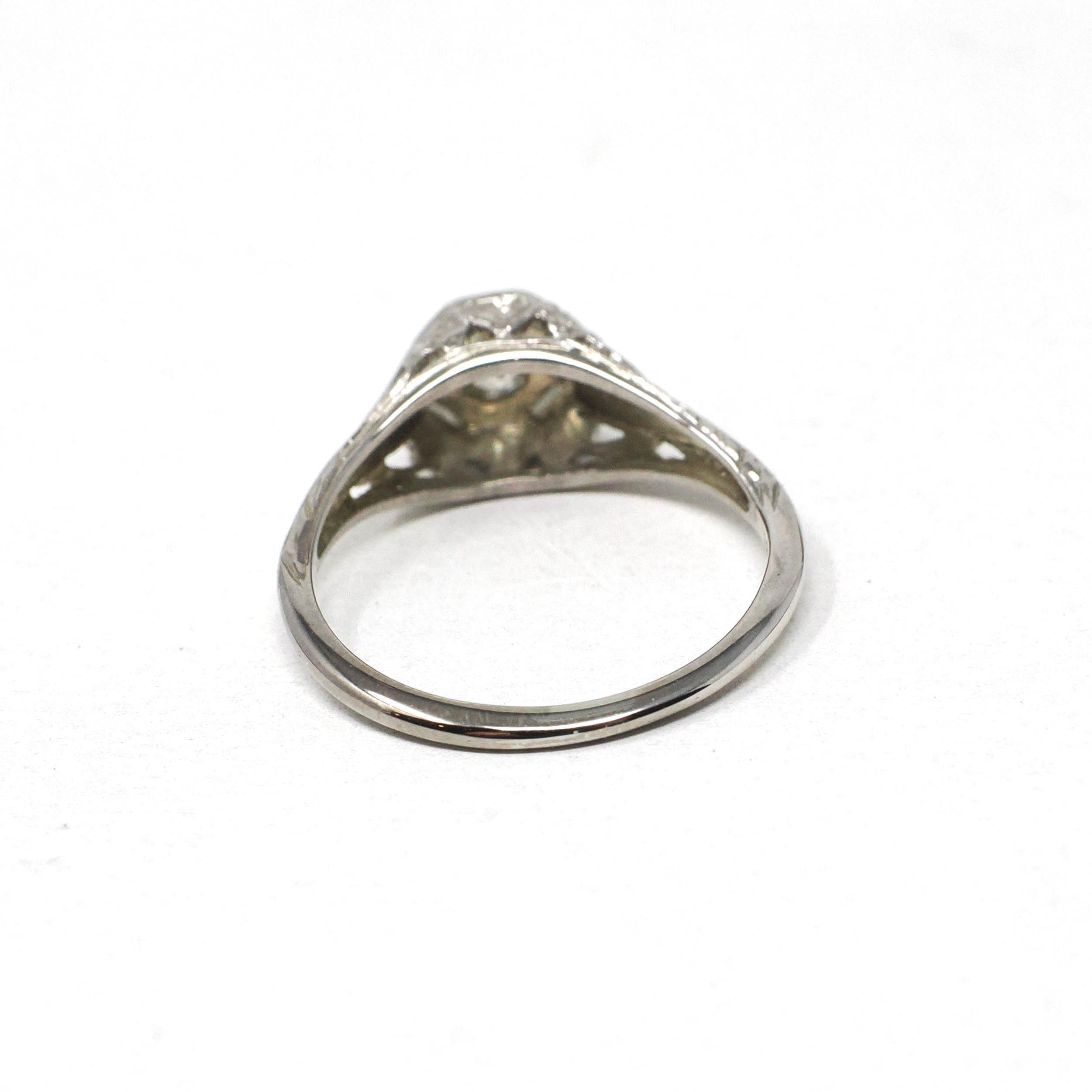 Vintage Diamond Ring - Art Deco 18k White Gold Natural .22 CT Solitaire Engagement - Circa 1930s Size 4 3/4 Octagonal Filigree Fine Jewelry