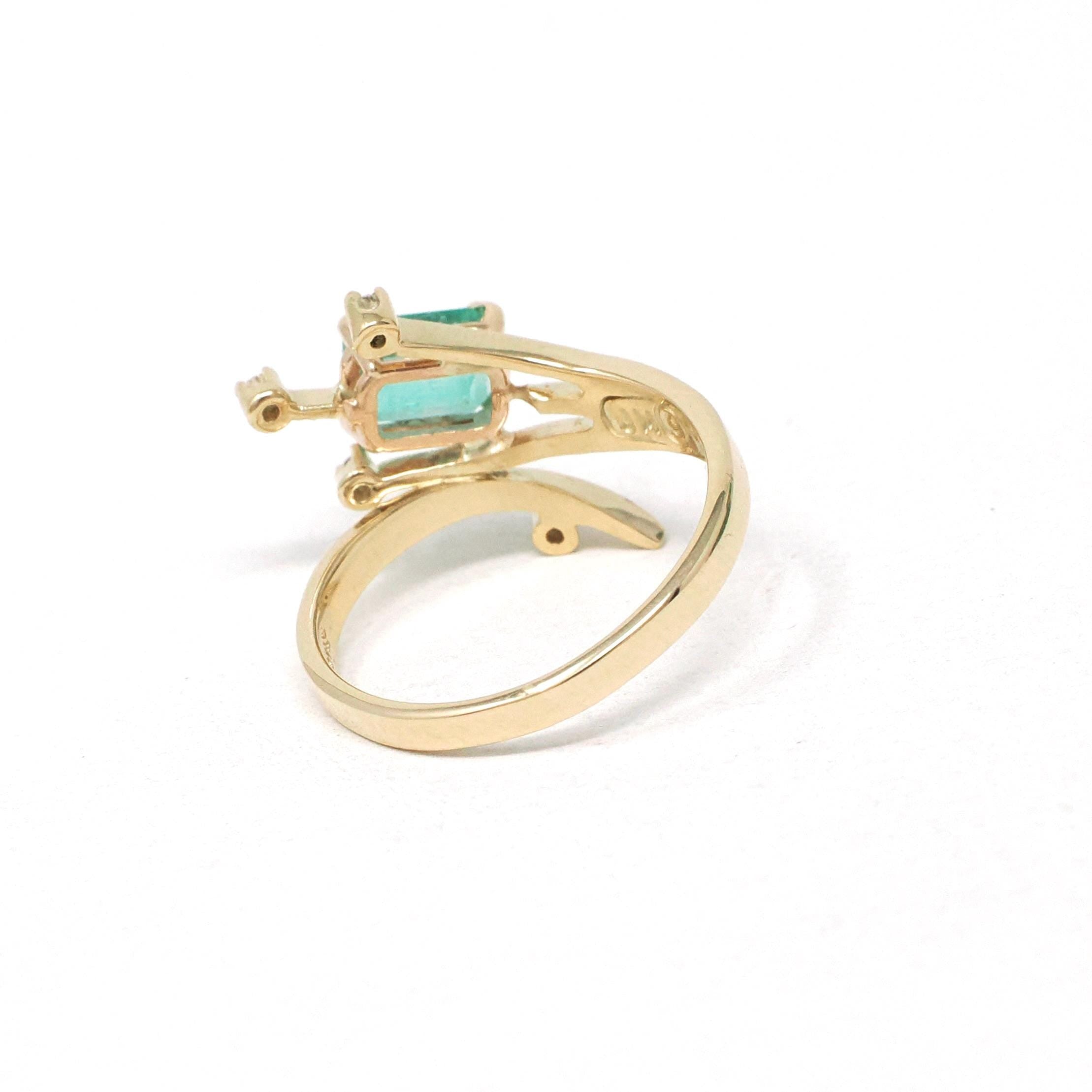 Emerald & Diamond Ring - Estate 14k Yellow Gold Natural Green Gemstone - Modern 2000's Era Size 6 1/4 May Birthstone Branch Bypass Jewelry