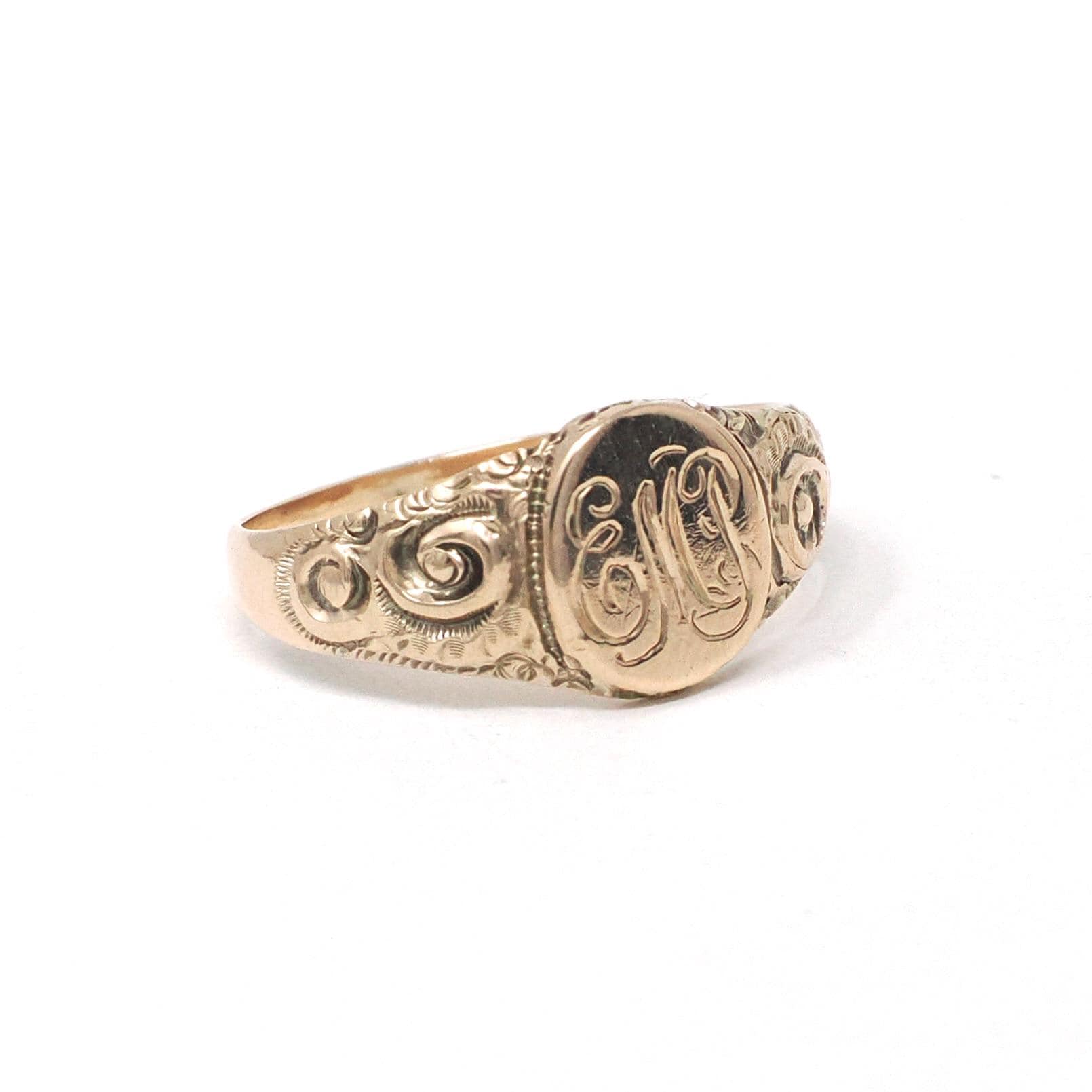 Edwardian Signet Ring - Antique 10k Yellow Gold Oval EMP Engraved Letters Monogram Initials - Vintage 1910s Size 5 3/4 Fine Scroll Jewelry