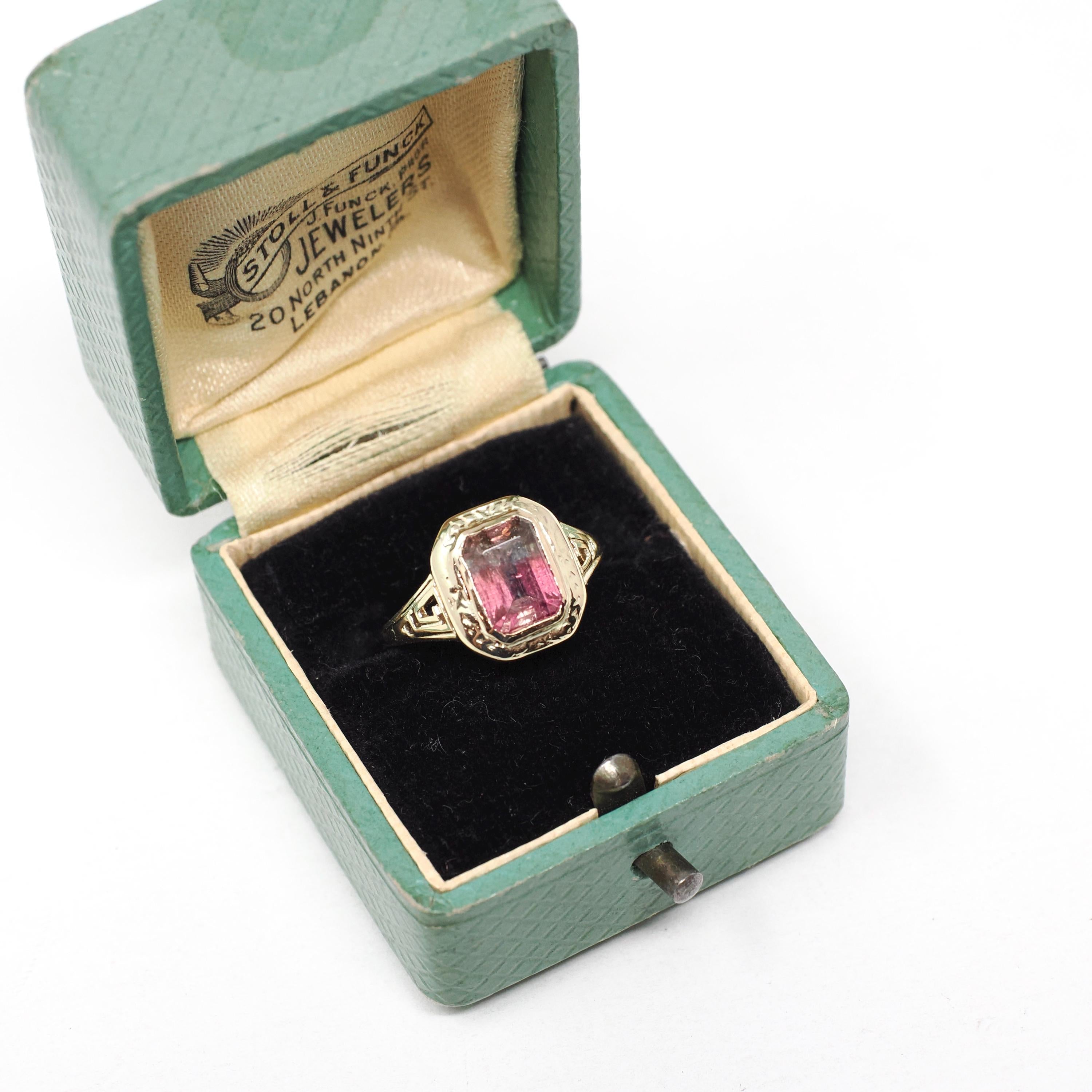 Watermelon Tourmaline Ring - Art Deco 10k Yellow Gold Natural Pink Green BiColor Gem - Circa 1930s Size 4.5 Fine October Birthstone Jewelry