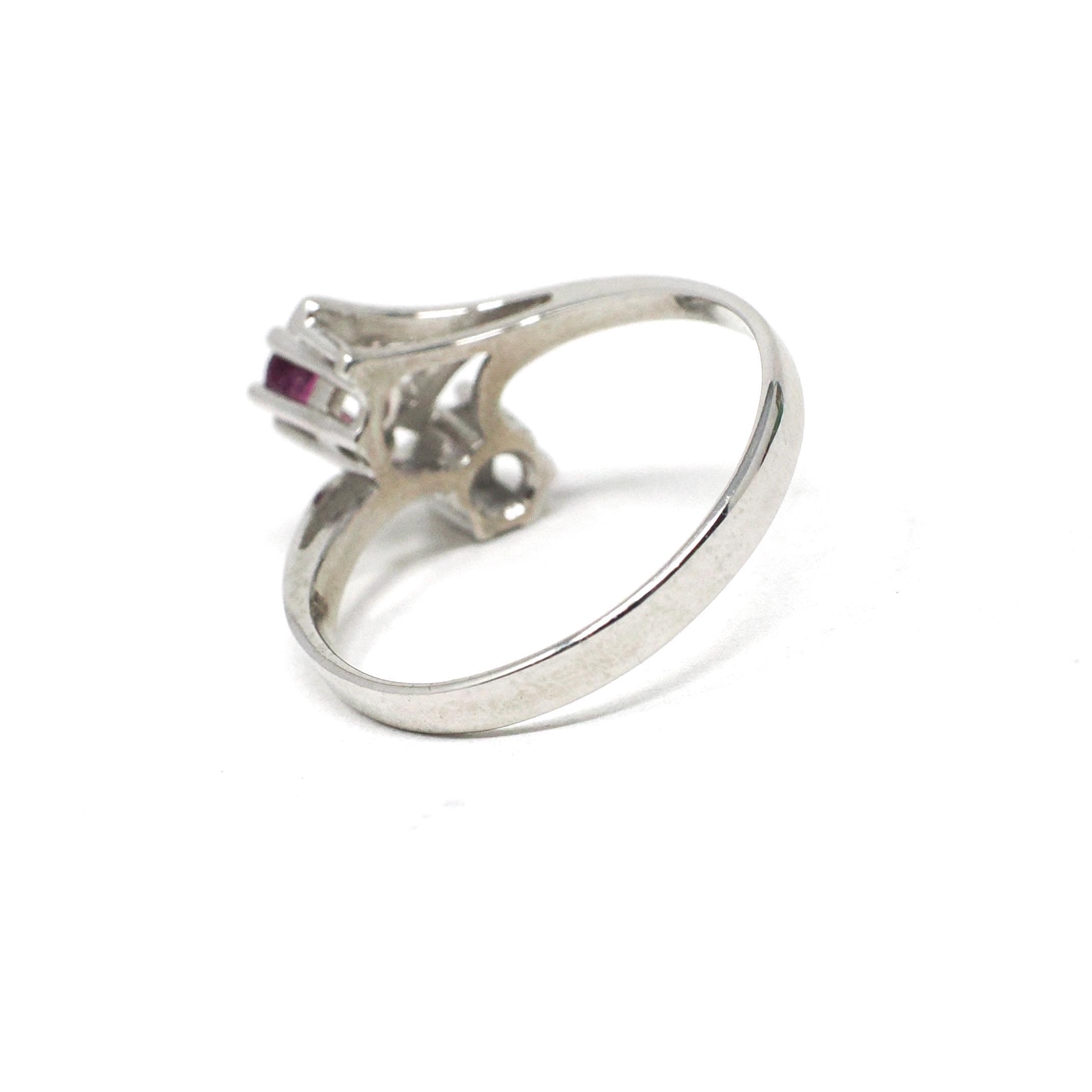 Vintage Ruby & Diamond Ring - Retro 8k White Gold Branch Bypass Toi Et Moi Statement - Circa 1970s Era Size 5 1/2 Fine Birthstone Jewelry