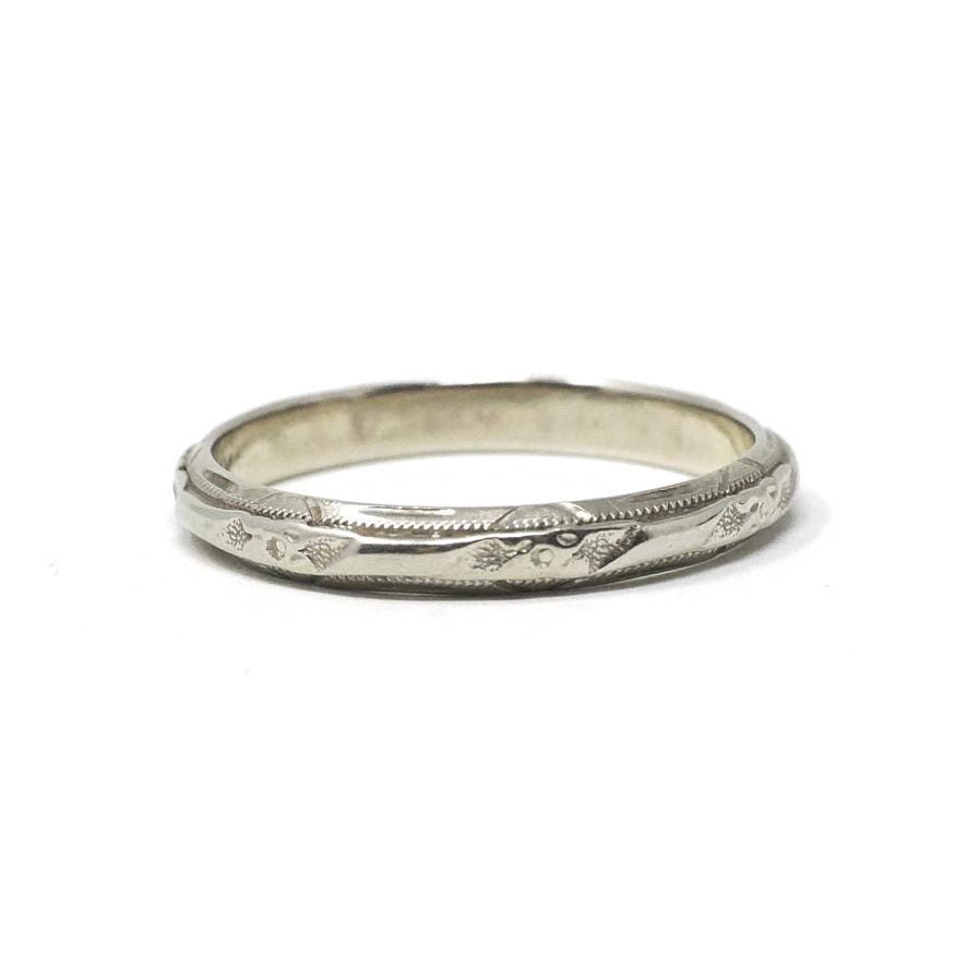 Vintage Wedding Band - Mid Century Era 14k White Gold Unisex Bridal Ring - Circa 1950s Size 6 3/4 Flower Milgrain Frederick Goldman Jewelry