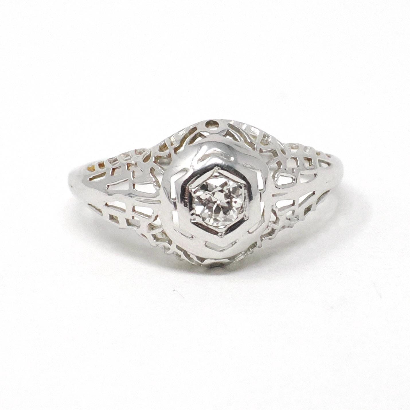 Vintage Diamond Ring - Art Deco 18k White Gold Natural .10 CT Solitaire Engagement - Circa 1930s Size 3 3/4 Hexagonal Filigree Fine Jewelry