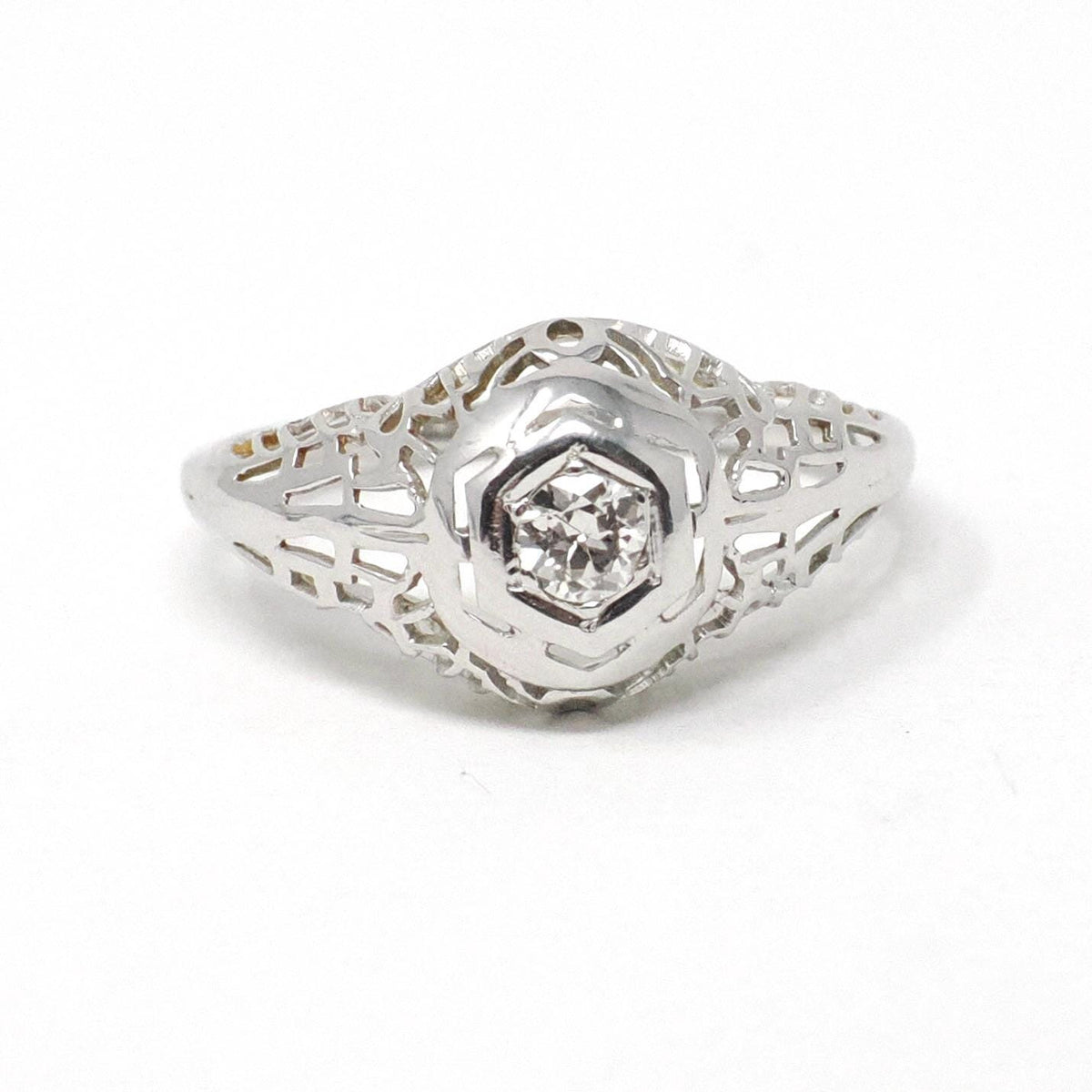 Vintage Diamond Ring - Art Deco 18k White Gold Natural .10 CT Solitaire Engagement - Circa 1930s Size 3 3/4 Hexagonal Filigree Fine Jewelry