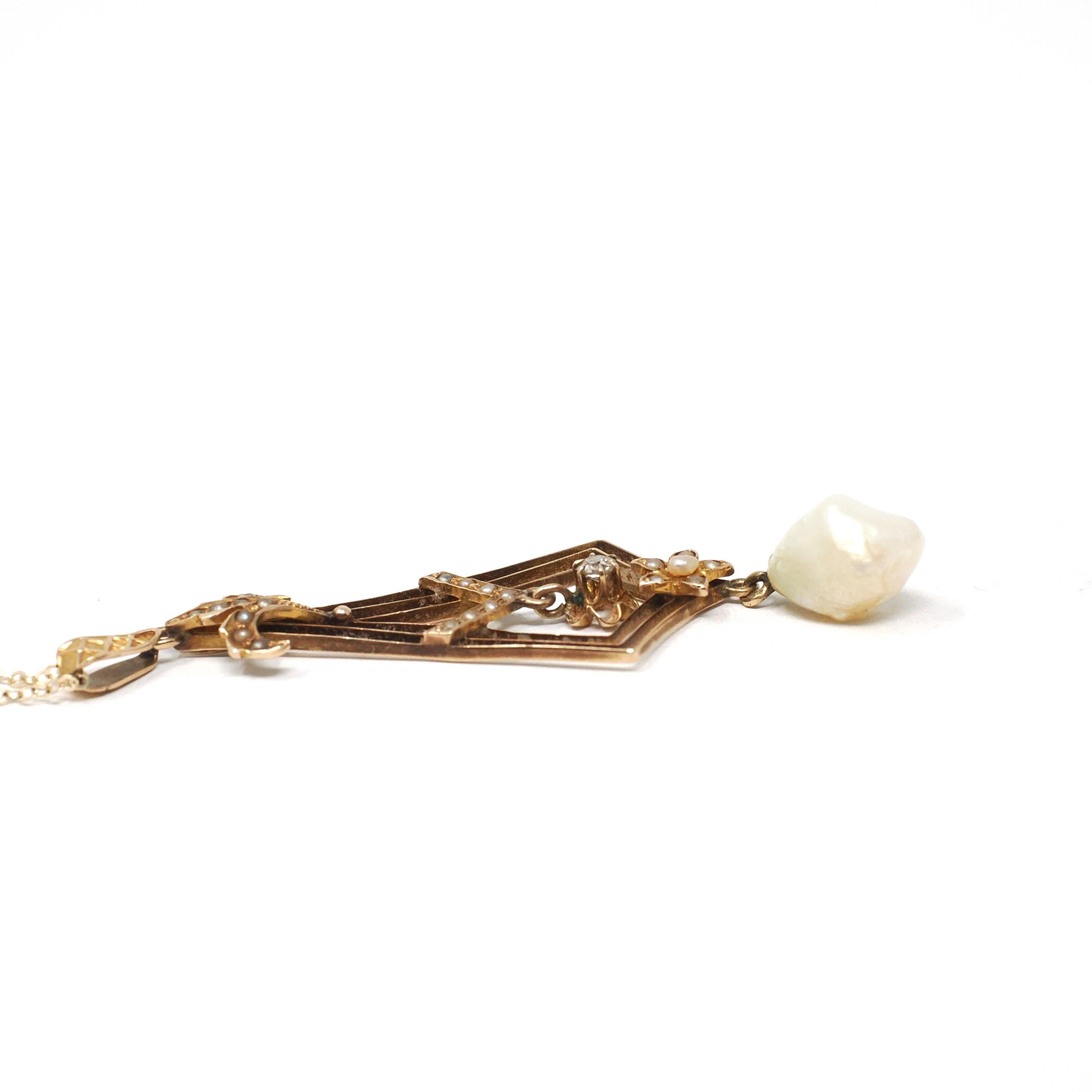 Antique Lavalier Pendant - Vintage 10k Yellow Gold Seed Pearl Natural Diamond Flower Charm Necklace - Edwardian Circa 1910s Era Fine Jewelry