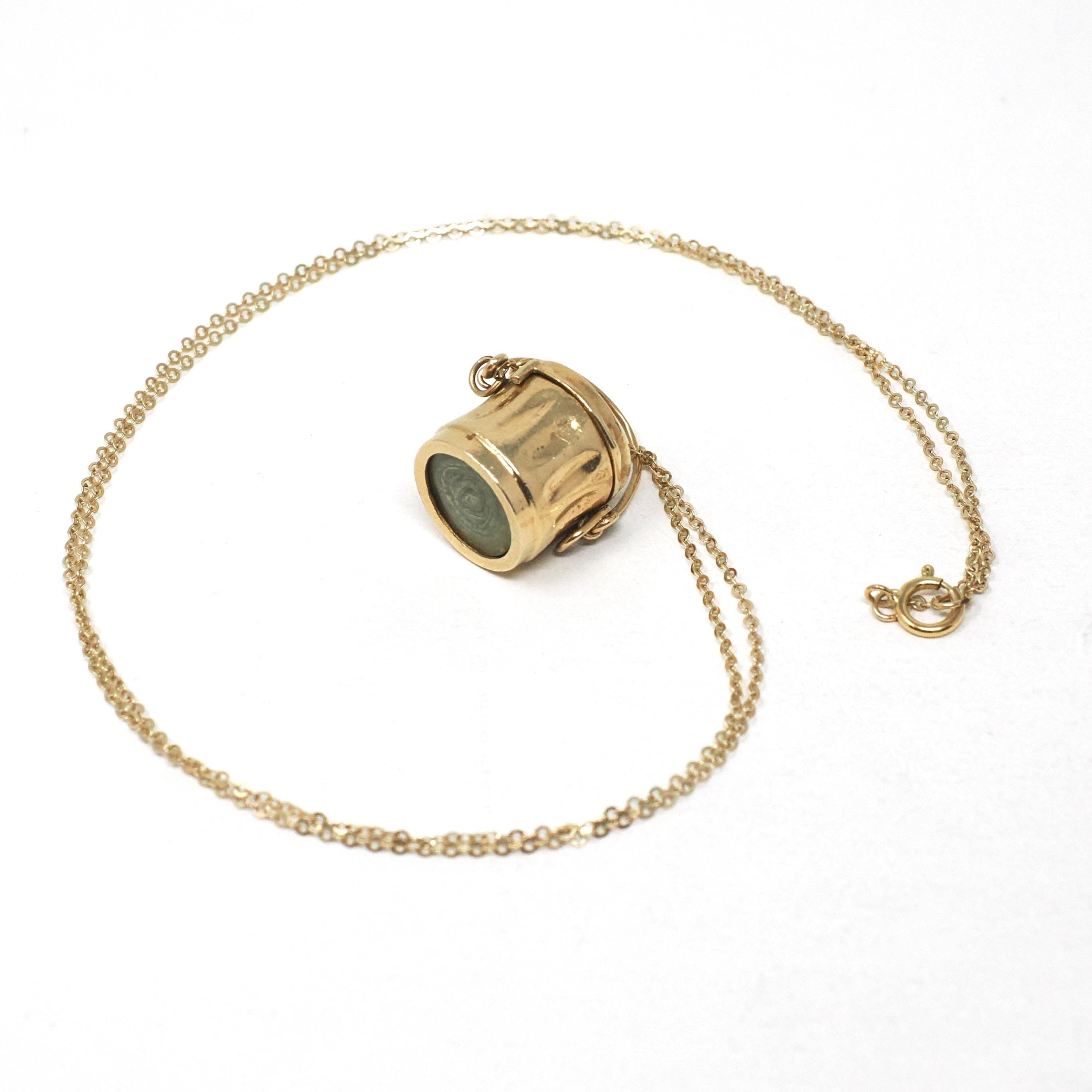 Mad Money Trash Can Charm - Mid Century 14k Yellow Gold Pendant Garbage Necklace - Vintage Circa 1950s Era Real Dollar Bill Fine Jewelry