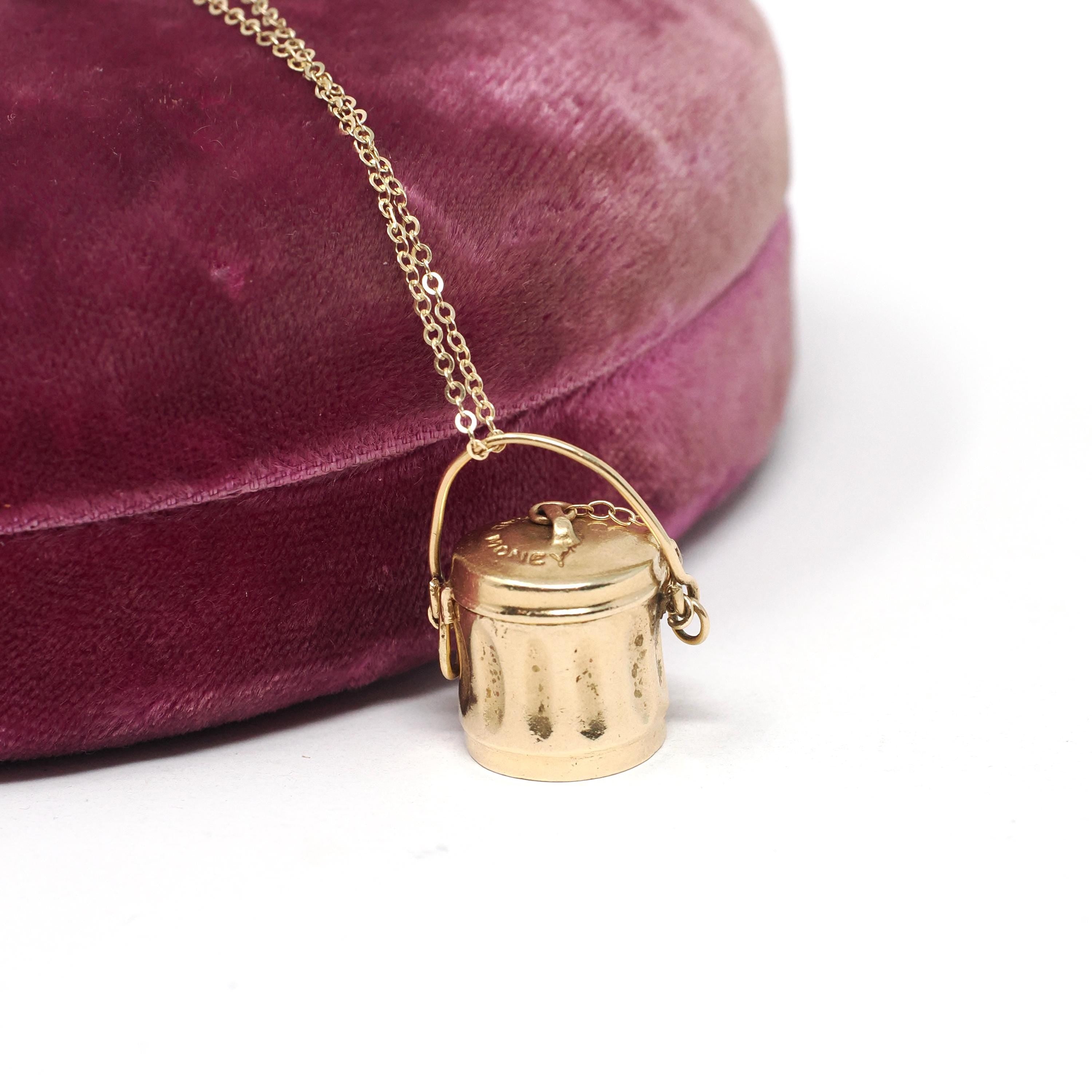 Mad Money Trash Can Charm - Mid Century 14k Yellow Gold Pendant Garbage Necklace - Vintage Circa 1950s Era Real Dollar Bill Fine Jewelry