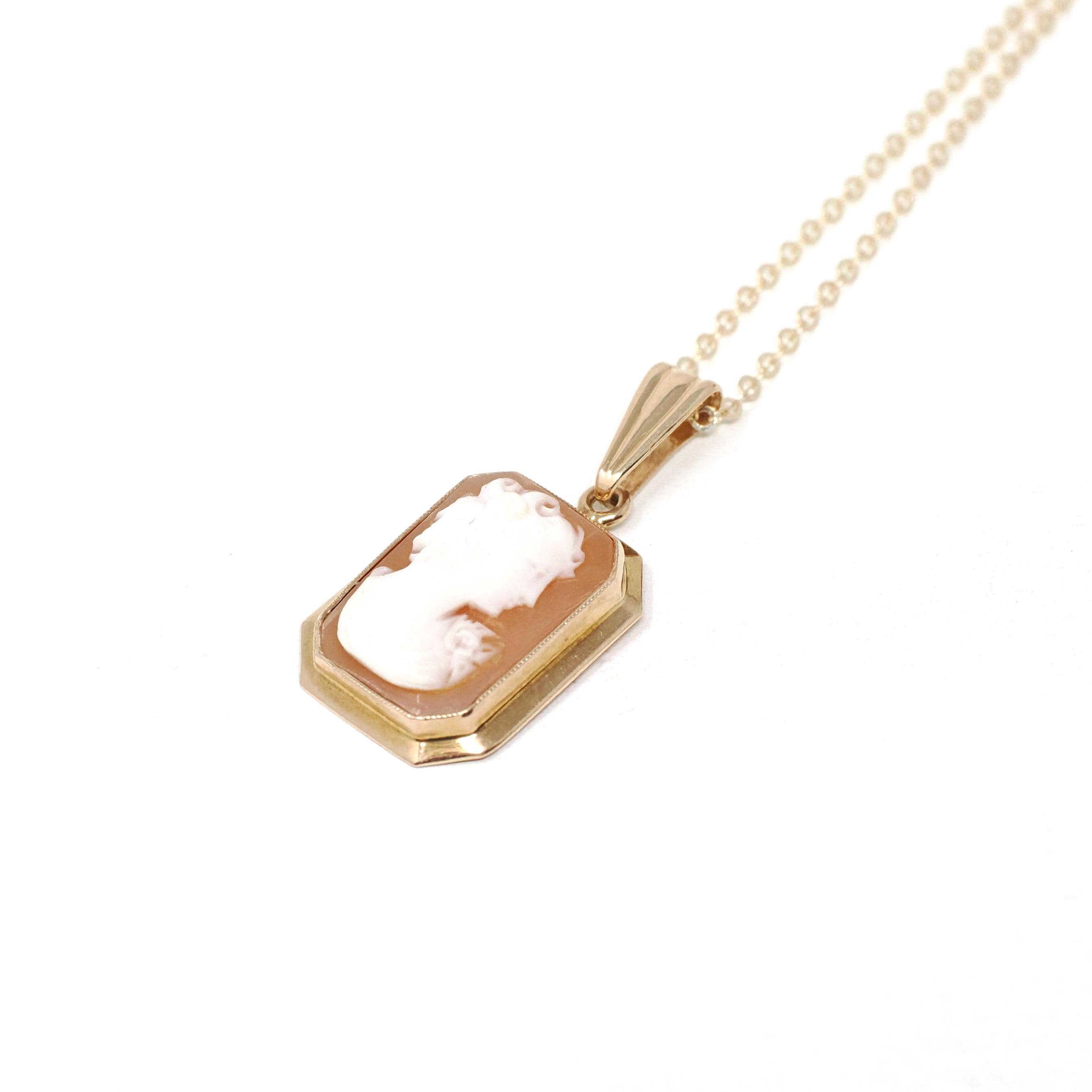 Vintage Cameo Necklace - Mid Century 10k Yellow Gold Rectangular Carved Shell Woman's Profile Pendant - Circa 1940s Statement Fine Jewelry