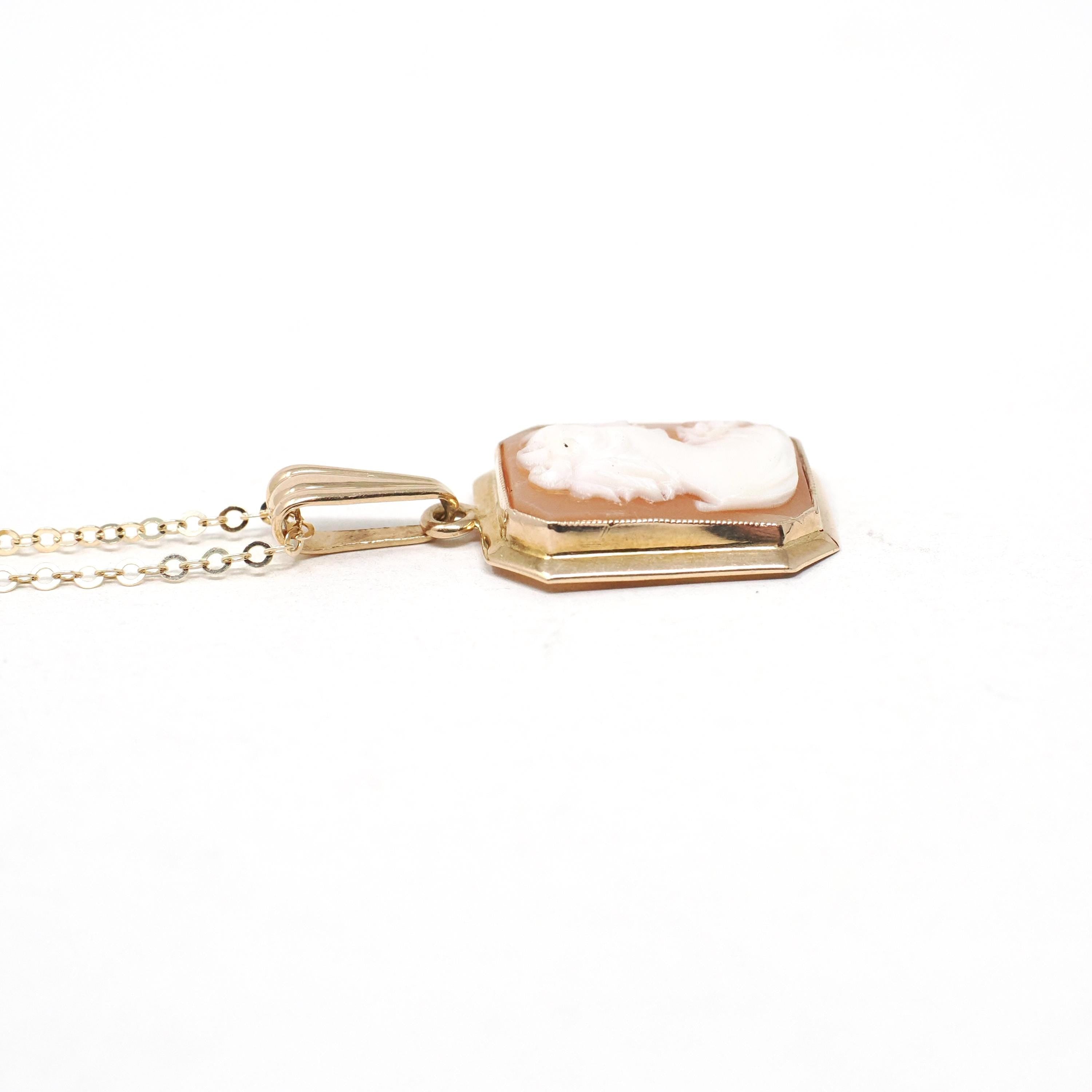 Vintage Cameo Necklace - Mid Century 10k Yellow Gold Rectangular Carved Shell Woman's Profile Pendant - Circa 1940s Statement Fine Jewelry