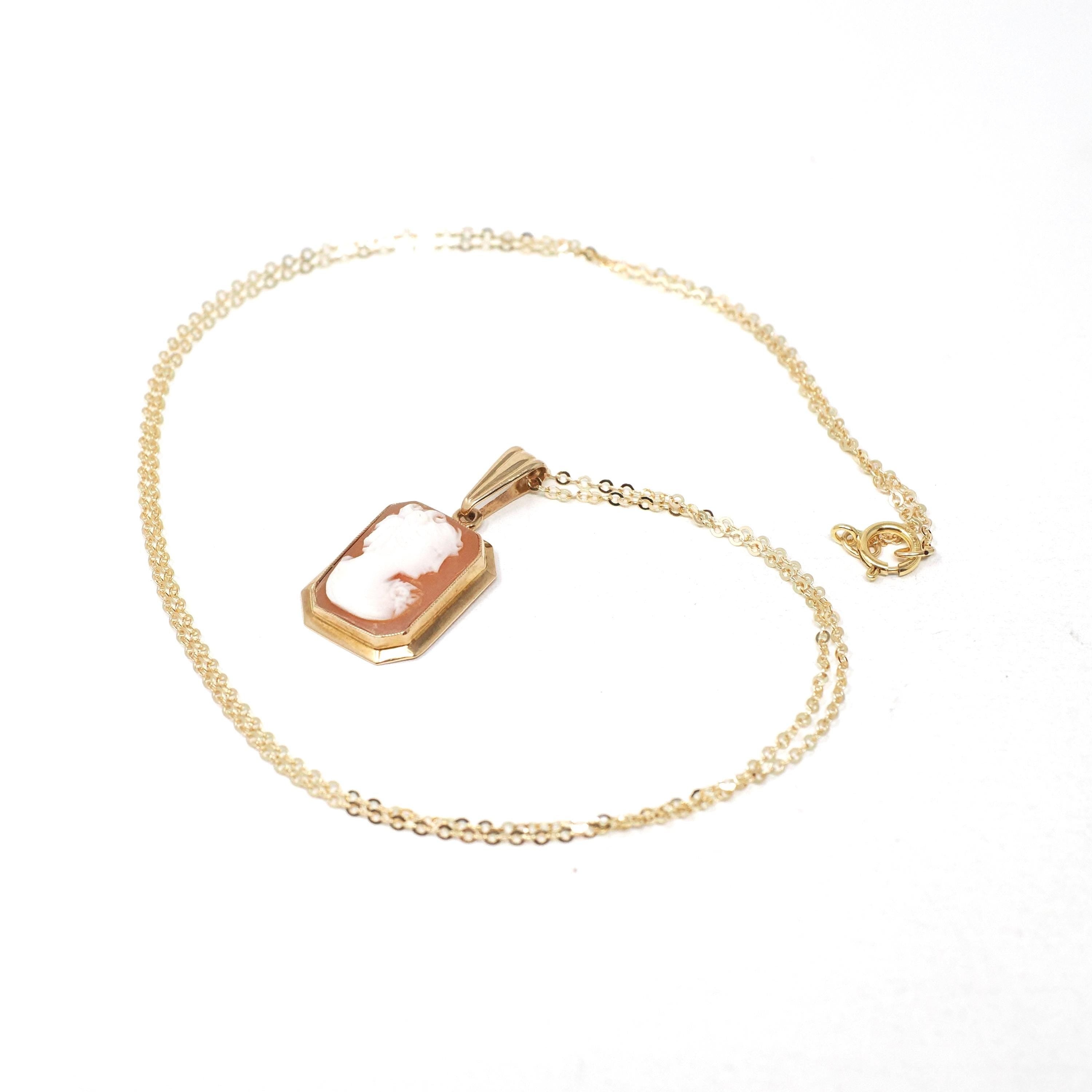 Vintage Cameo Necklace - Mid Century 10k Yellow Gold Rectangular Carved Shell Woman's Profile Pendant - Circa 1940s Statement Fine Jewelry