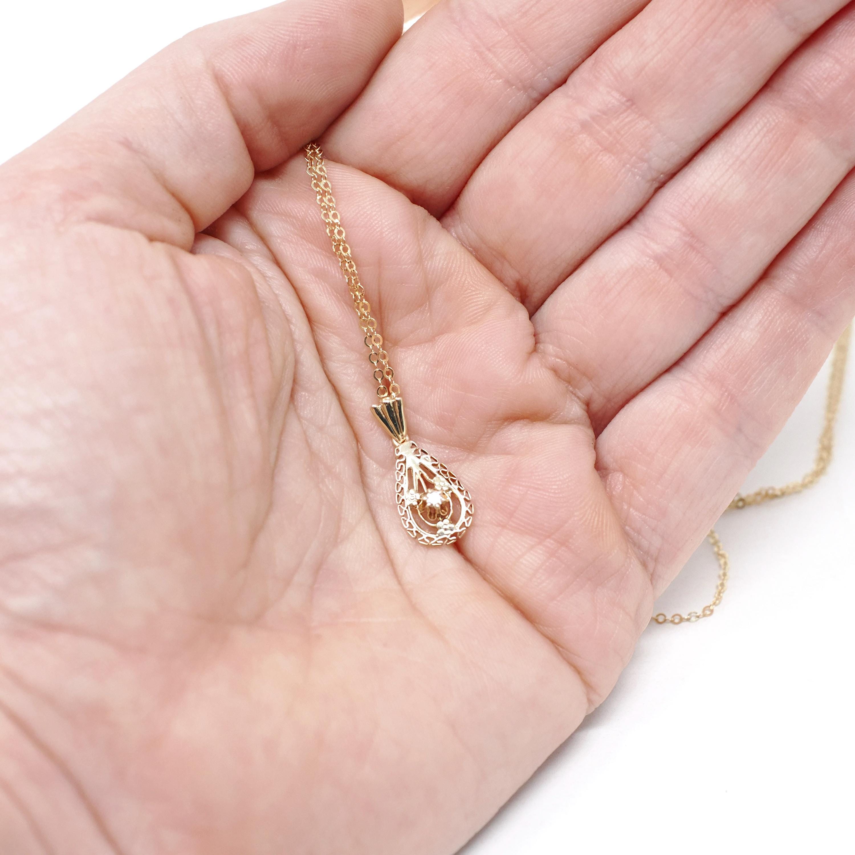 Antique Diamond Lavalier - Edwardian 10k 14k Yellow Gold Natural Gemstone Pendant Necklace - Circa 1910s Teardrop Pear Filigree Fine Jewelry