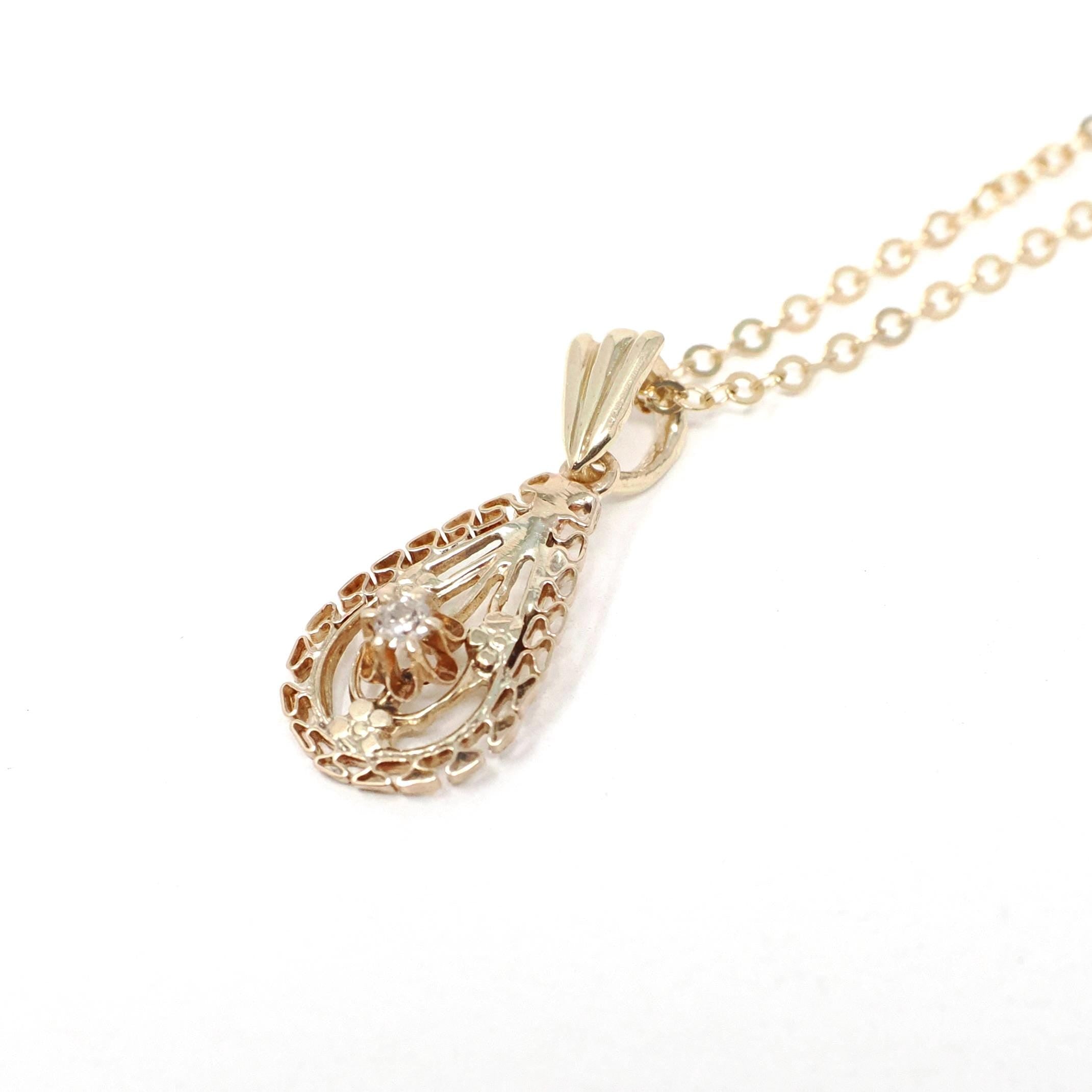 Antique Diamond Lavalier - Edwardian 10k 14k Yellow Gold Natural Gemstone Pendant Necklace - Circa 1910s Teardrop Pear Filigree Fine Jewelry