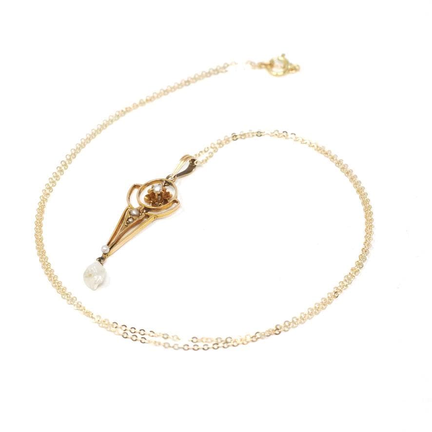 Antique Pearl Lavalier - Edwardian 10k Yellow Gold Natural Gemstone Baroque Seed Pearl Pendant Necklace - Circa 1910s Era Charm Fine Jewelry