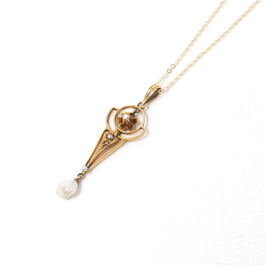 Antique Pearl Lavalier - Edwardian 10k Yellow Gold Natural Gemstone Baroque Seed Pearl Pendant Necklace - Circa 1910s Era Charm Fine Jewelry
